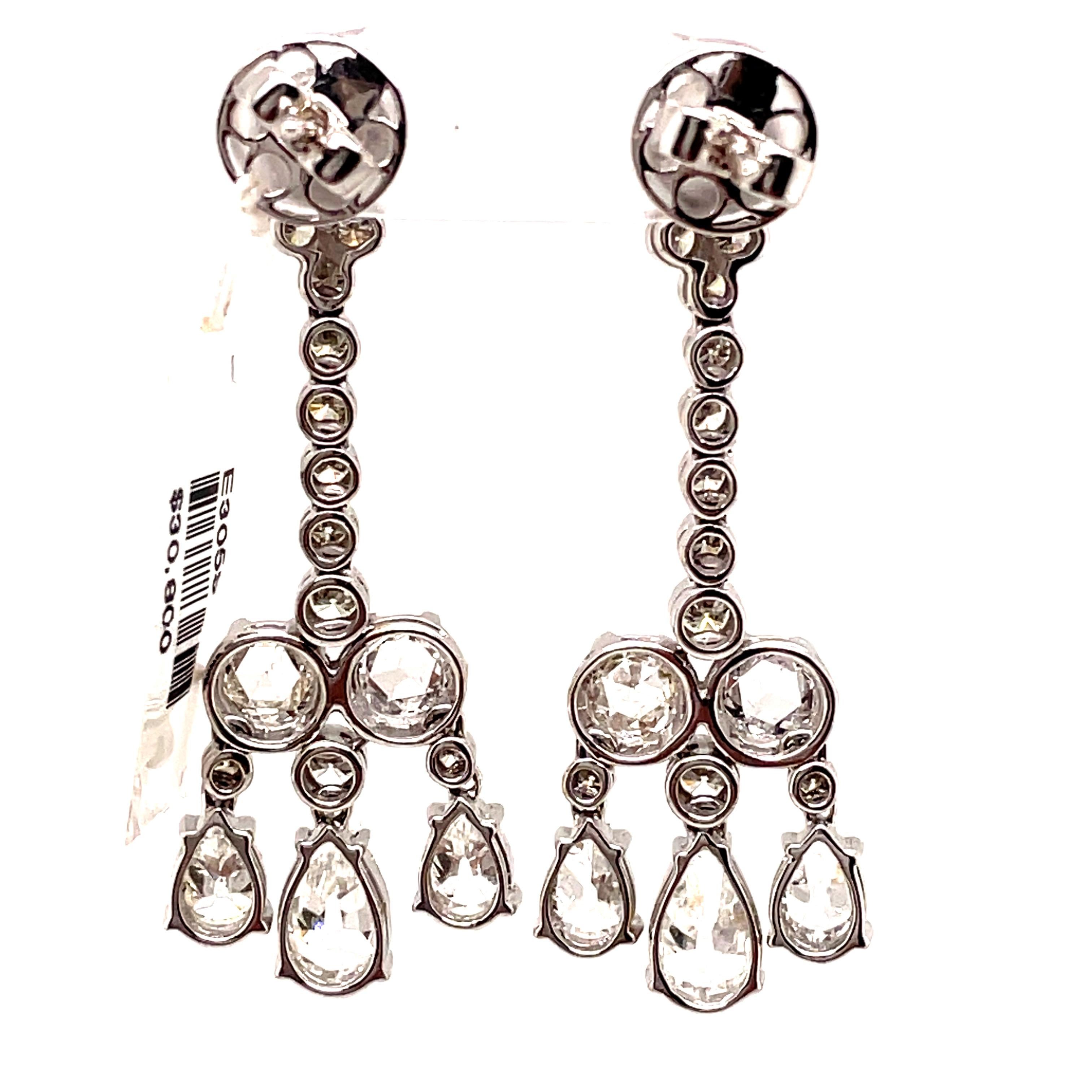 6.82ct Pear, Rose Cut, & Round Diamond Chandelier Earrings 18k White Gold In New Condition For Sale In BEVERLY HILLS, CA