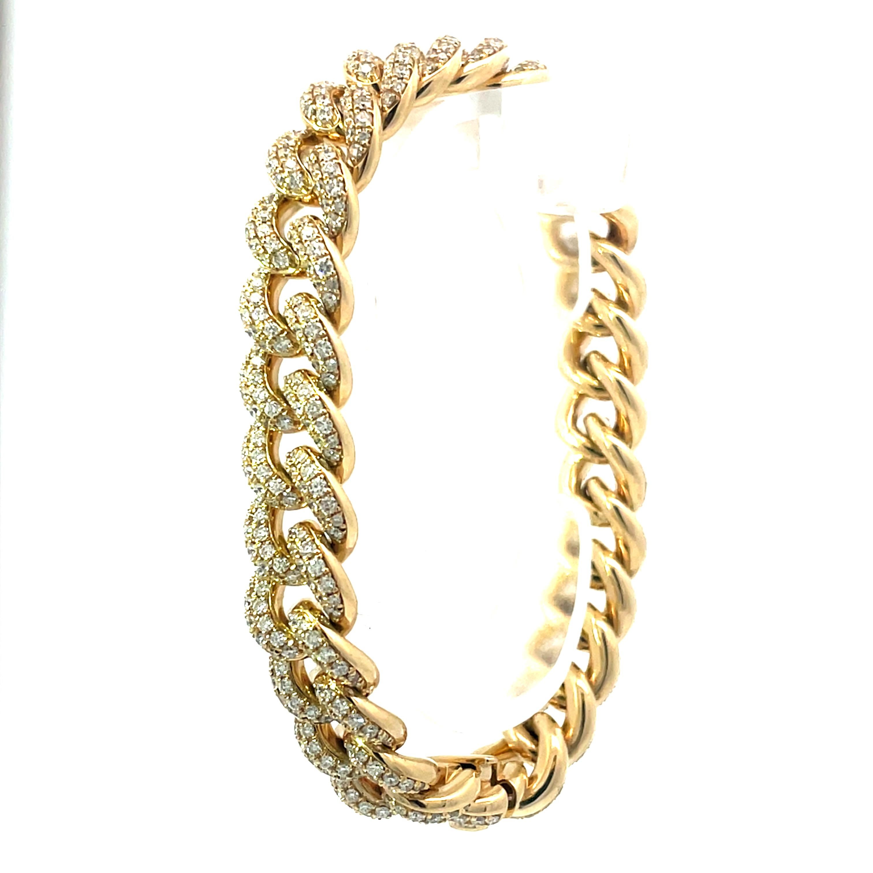Aesthetic Movement 6.82 Carat Yellow Gold Cuban Link All Diamond Bracelet For Sale