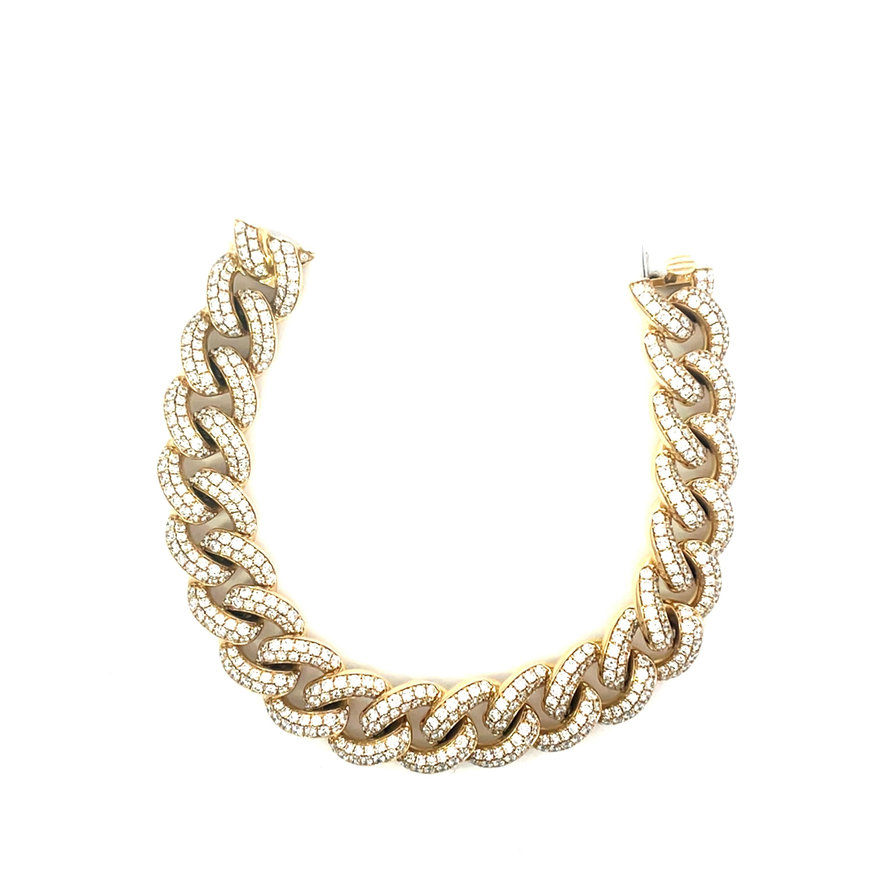 Round Cut 6.82 Carat Yellow Gold Cuban Link All Diamond Bracelet For Sale