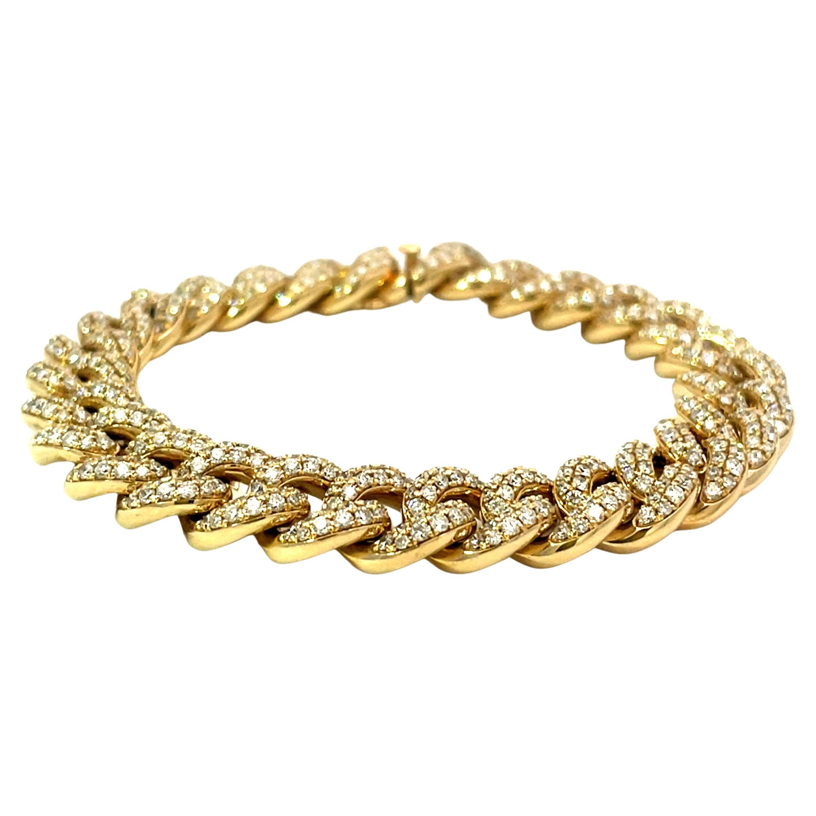 6.82 Carat Yellow Gold Cuban Link All Diamond Bracelet For Sale