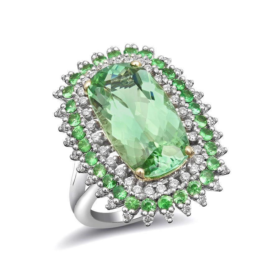 6.83 Сarats Tourmaline Diamonds & Tsavorites set in 14K White & Yellow Gold Ring In New Condition For Sale In Los Angeles, CA