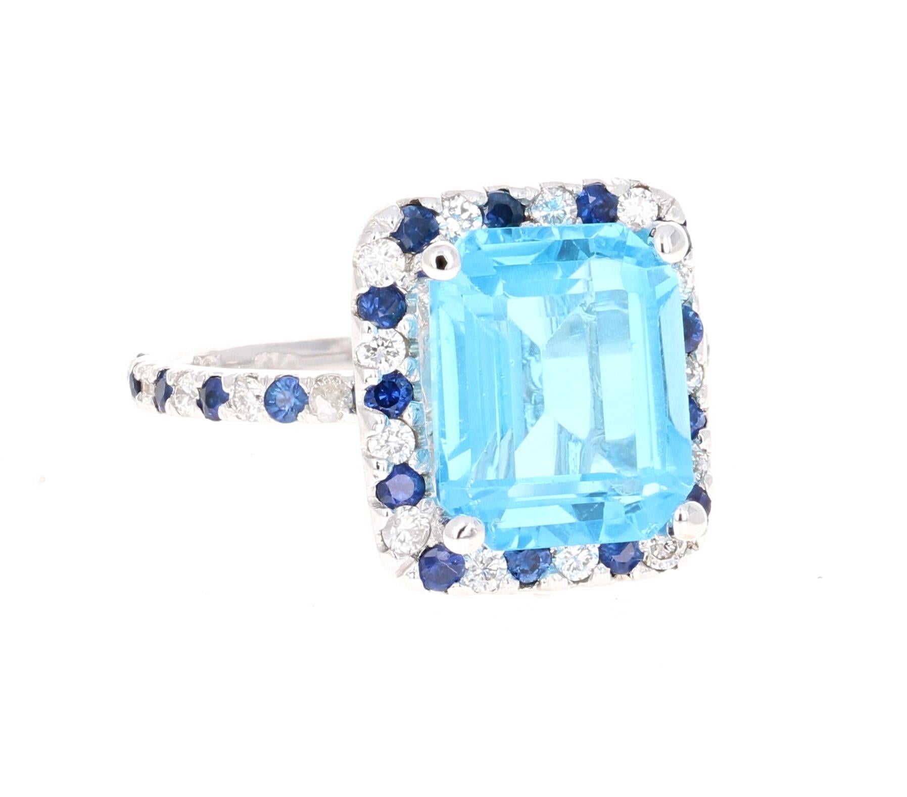Modern 6.83 Carat Emerald Cut Blue Topaz Sapphire Diamond 14 Karat White Gold Ring