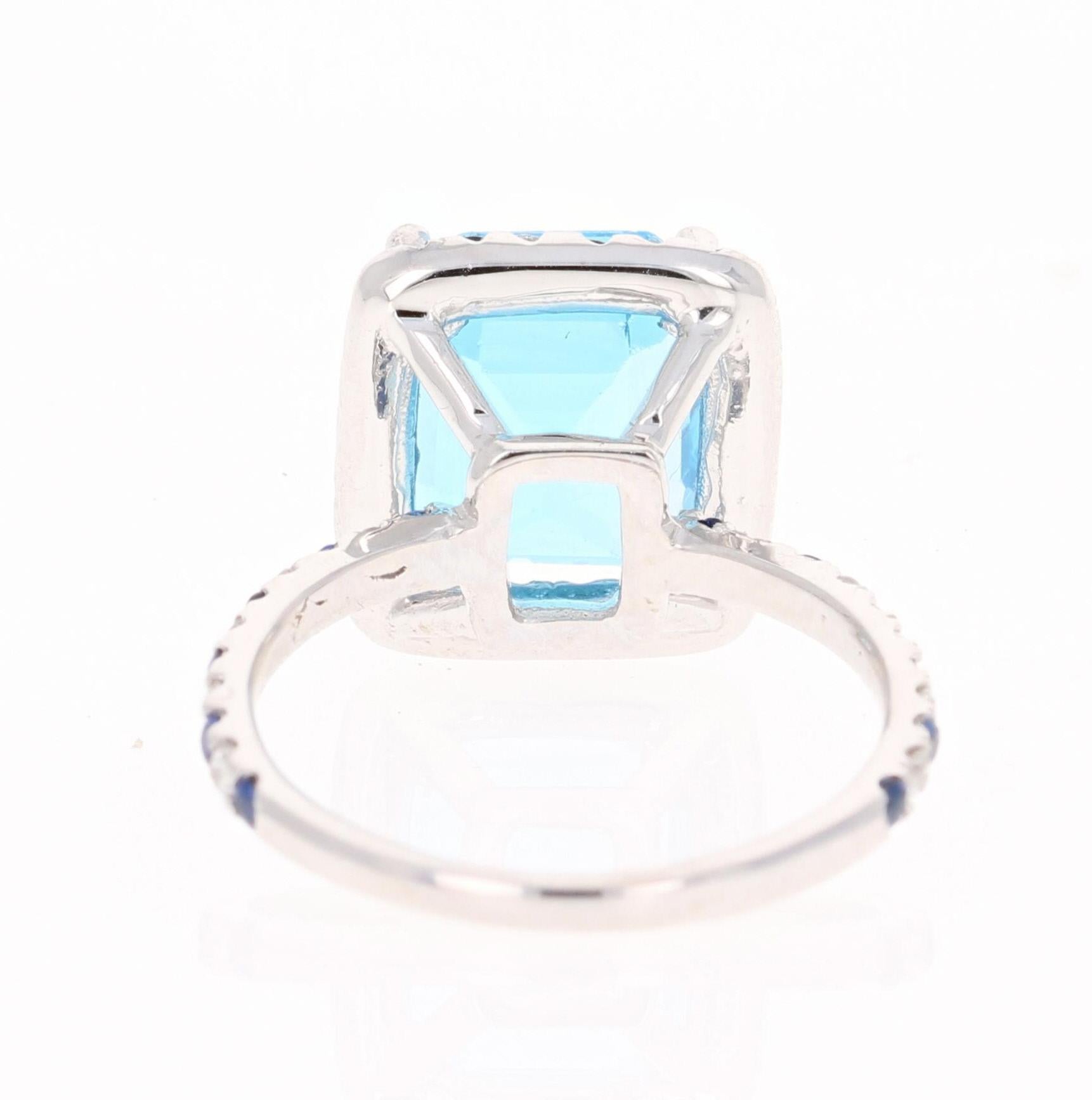 6.83 Carat Emerald Cut Blue Topaz Sapphire Diamond 14 Karat White Gold Ring In New Condition In Los Angeles, CA