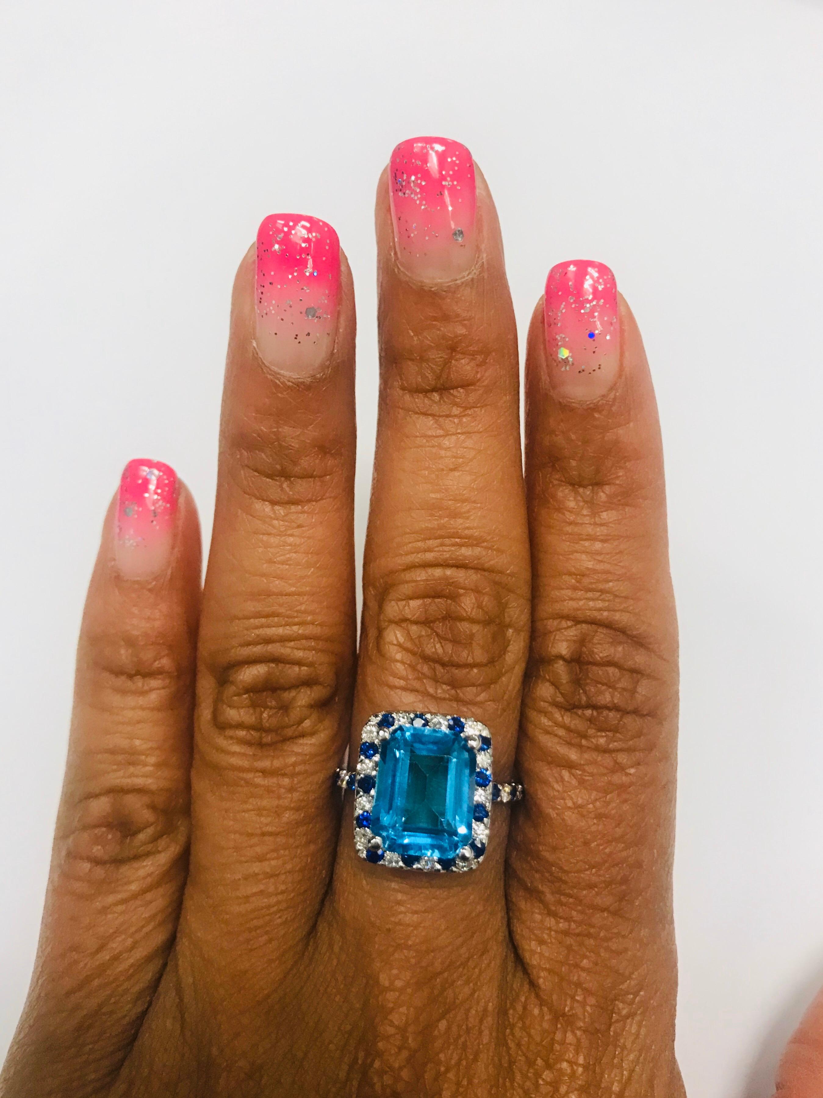 Women's 6.83 Carat Emerald Cut Blue Topaz Sapphire Diamond 14 Karat White Gold Ring