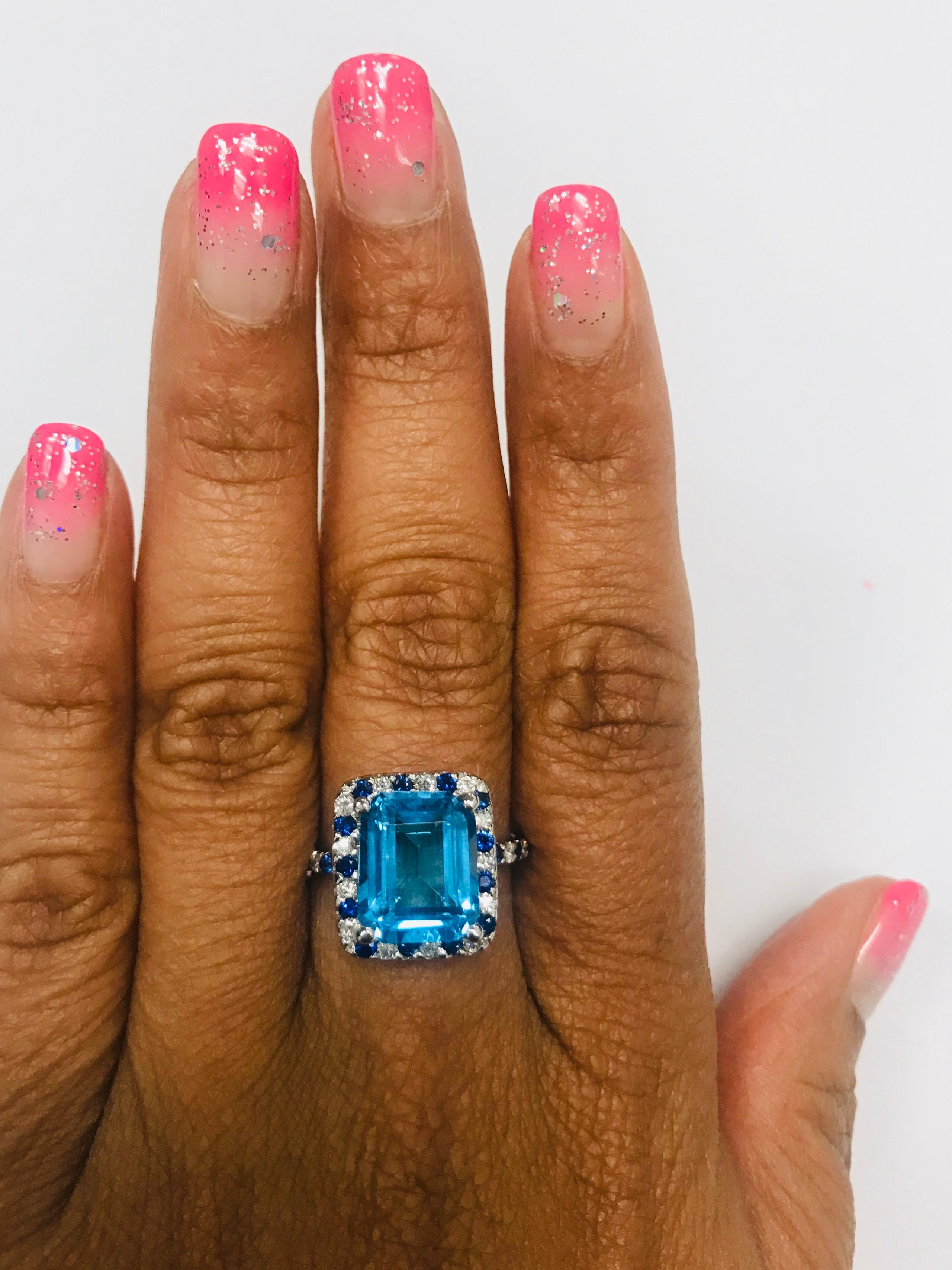 6.83 Carat Emerald Cut Blue Topaz Sapphire Diamond 14 Karat White Gold Ring 1