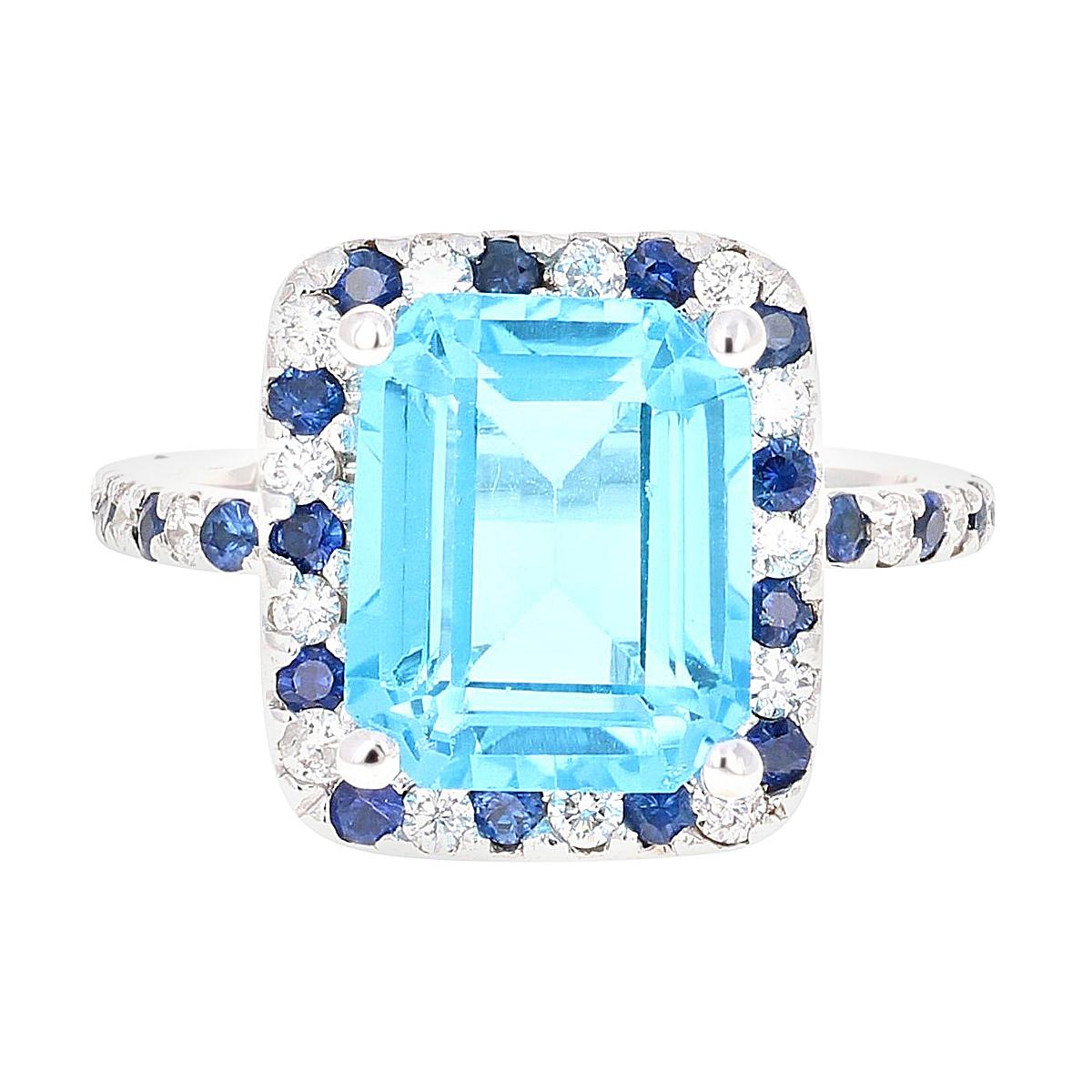 6.83 Carat Emerald Cut Blue Topaz Sapphire Diamond 14 Karat White Gold Ring