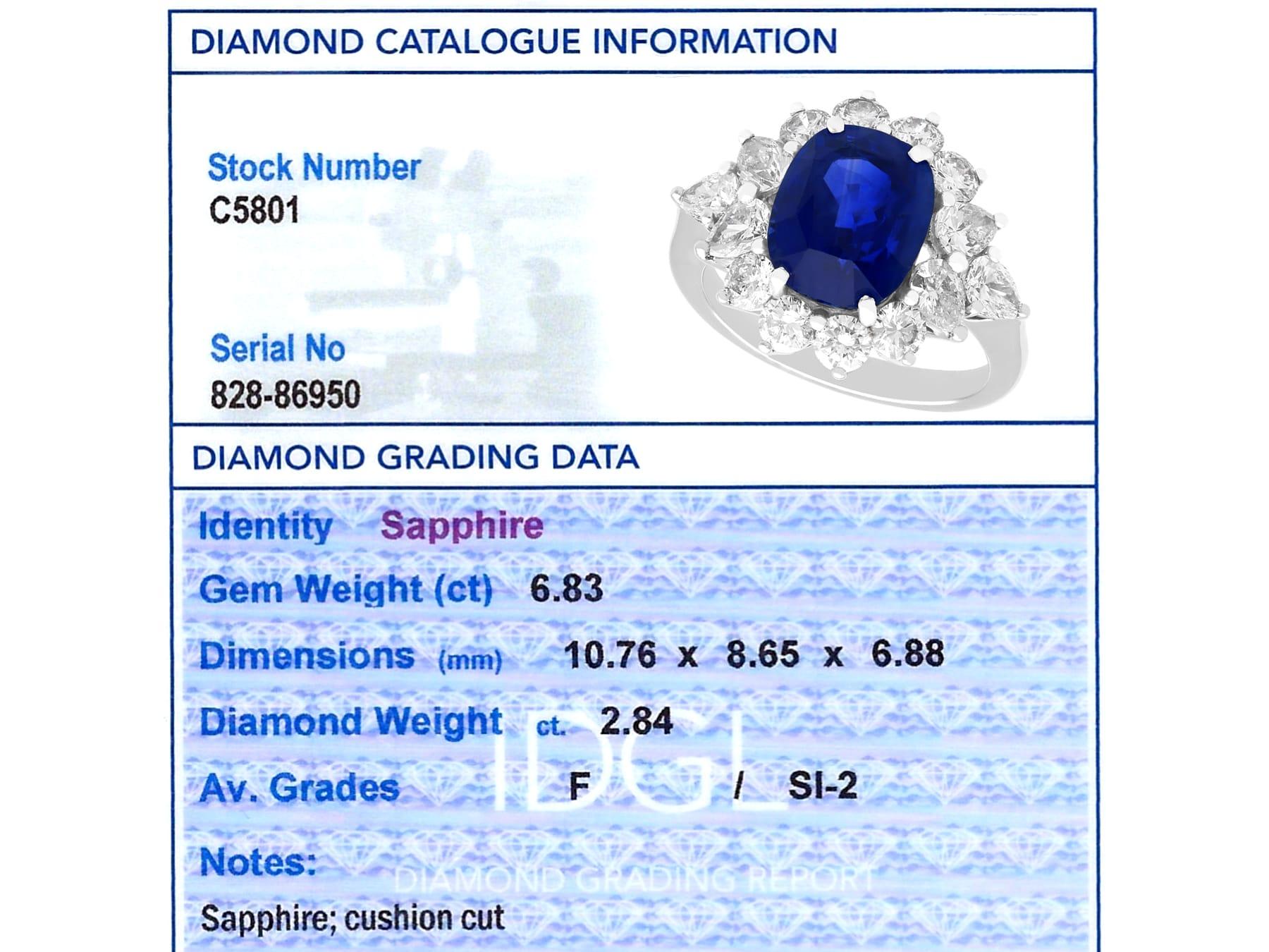 6.83 Carat Ceylon Sapphire 2.84 Carat Diamond Platinum Cocktail Ring Circa 1970 For Sale 6