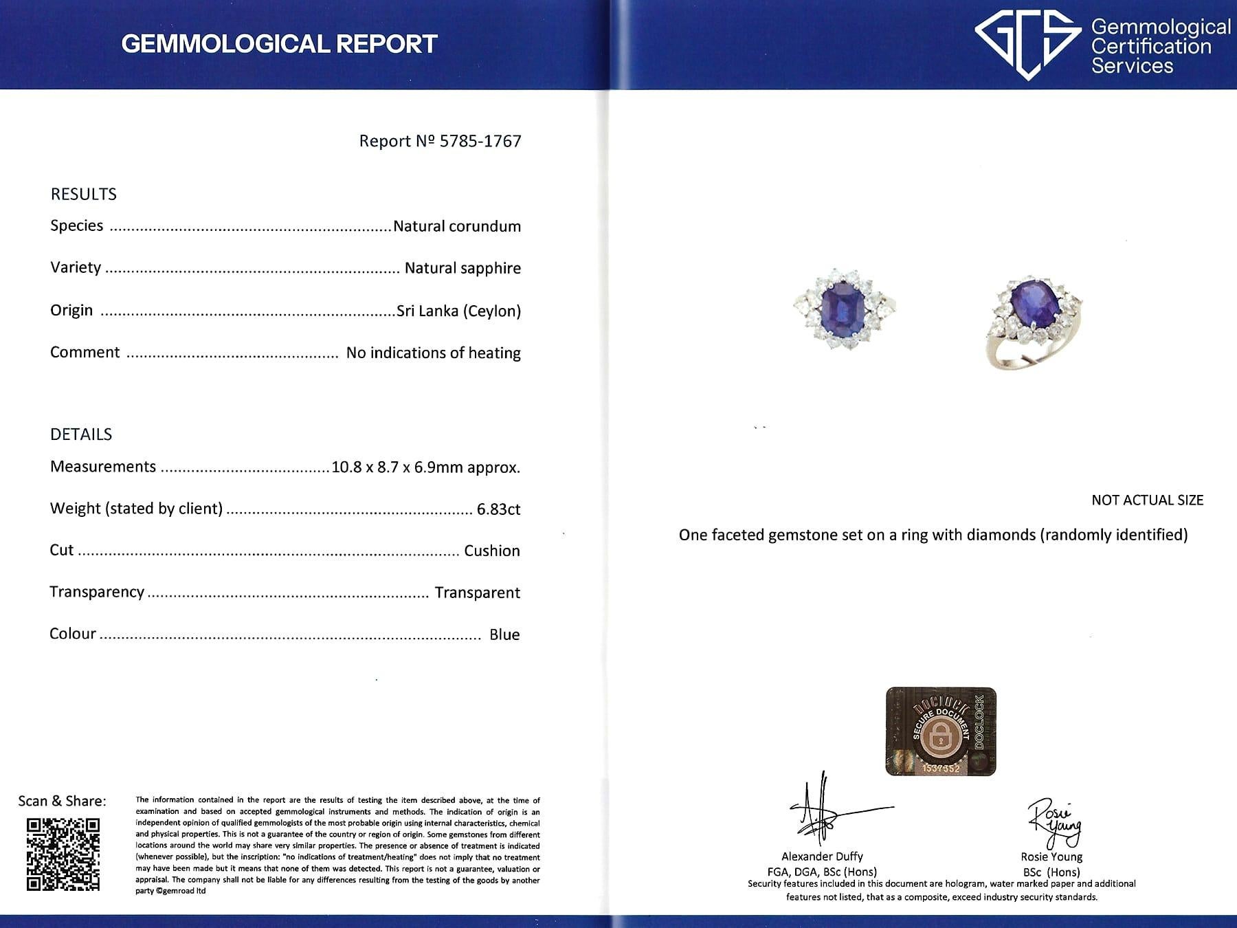 6.83 Carat Ceylon Sapphire 2.84 Carat Diamond Platinum Cocktail Ring Circa 1970 For Sale 7