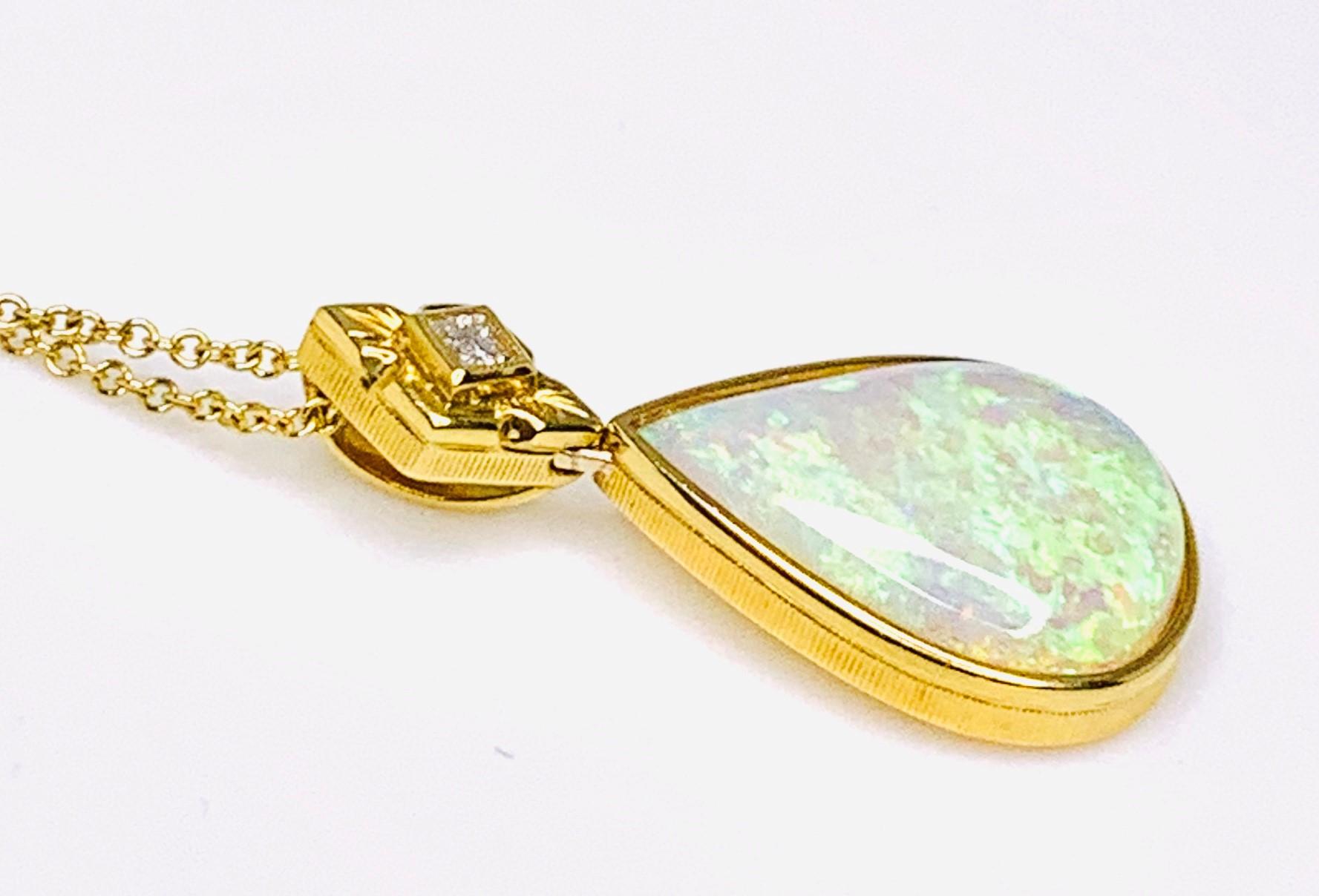 Artisan 6.83 Carat Pear Shape Opal and Diamond Necklace in 18k Yellow Gold  For Sale