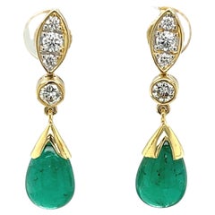 Emerald Drop and Diamond Dangle Earrings in Yellow Gold, 6.83 Carats Total