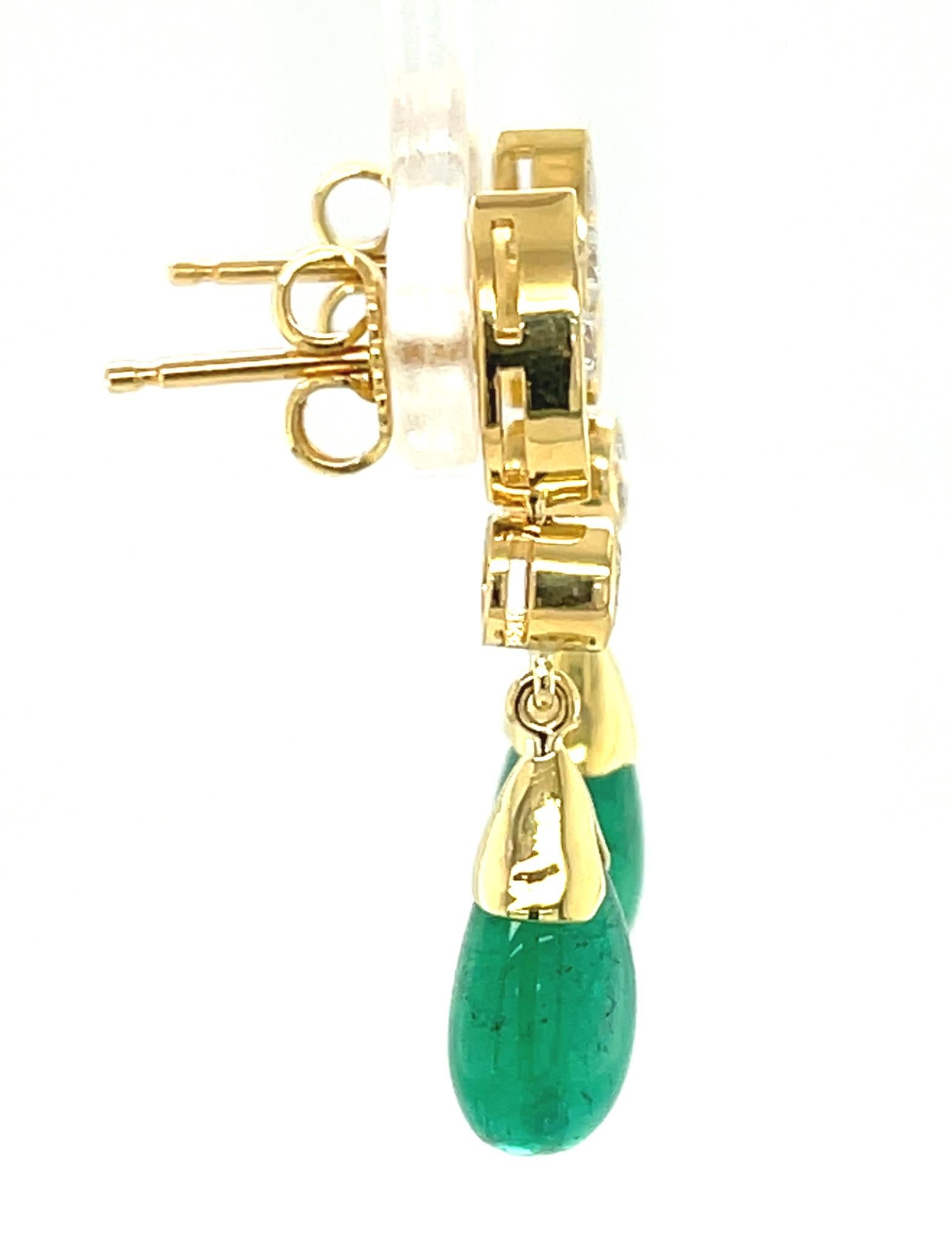 Pear Cut Emerald Drop and Diamond Dangle Earrings in Yellow Gold, 6.83 Carats Total For Sale