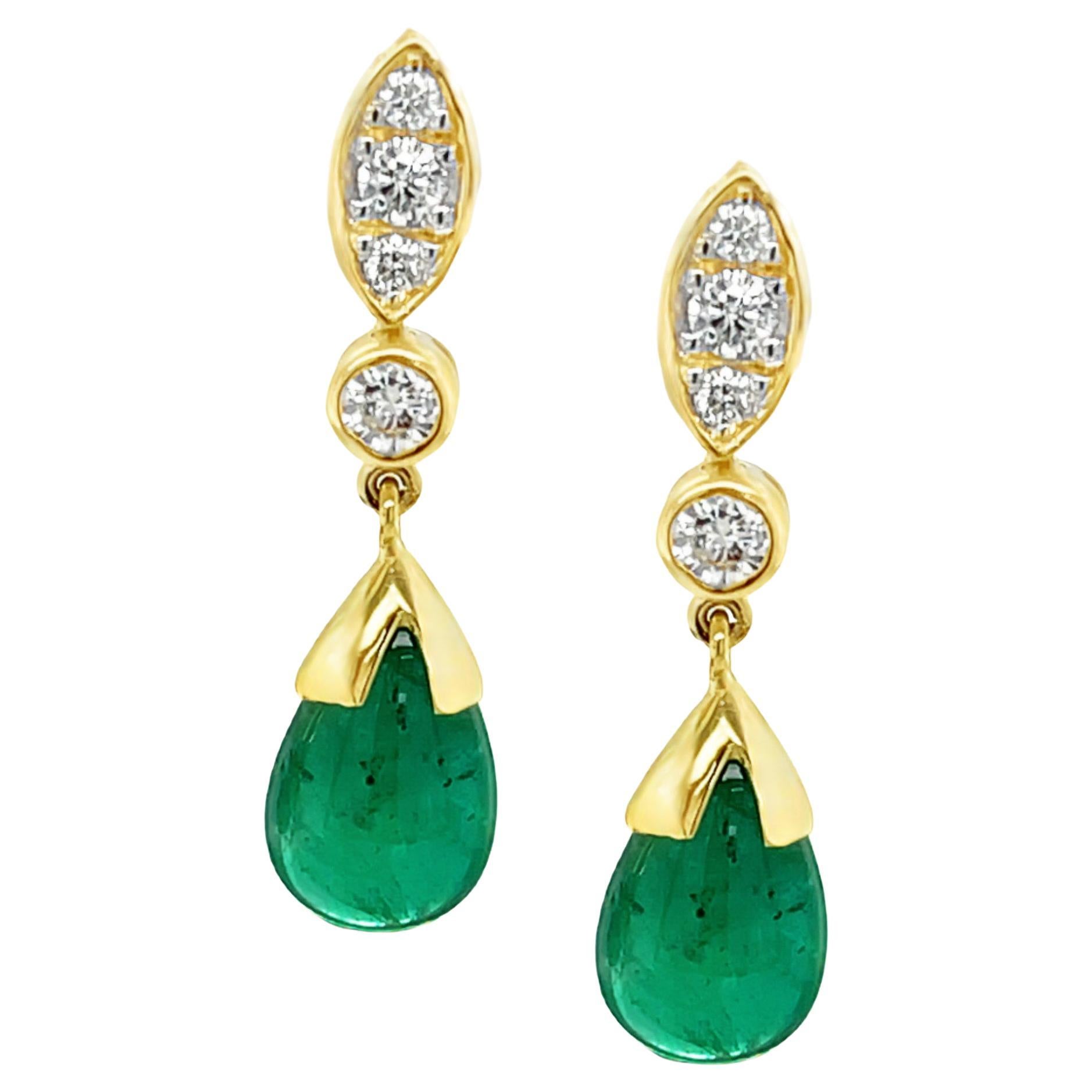 Emerald Drop and Diamond Dangle Earrings in Yellow Gold, 6.83 Carats Total For Sale