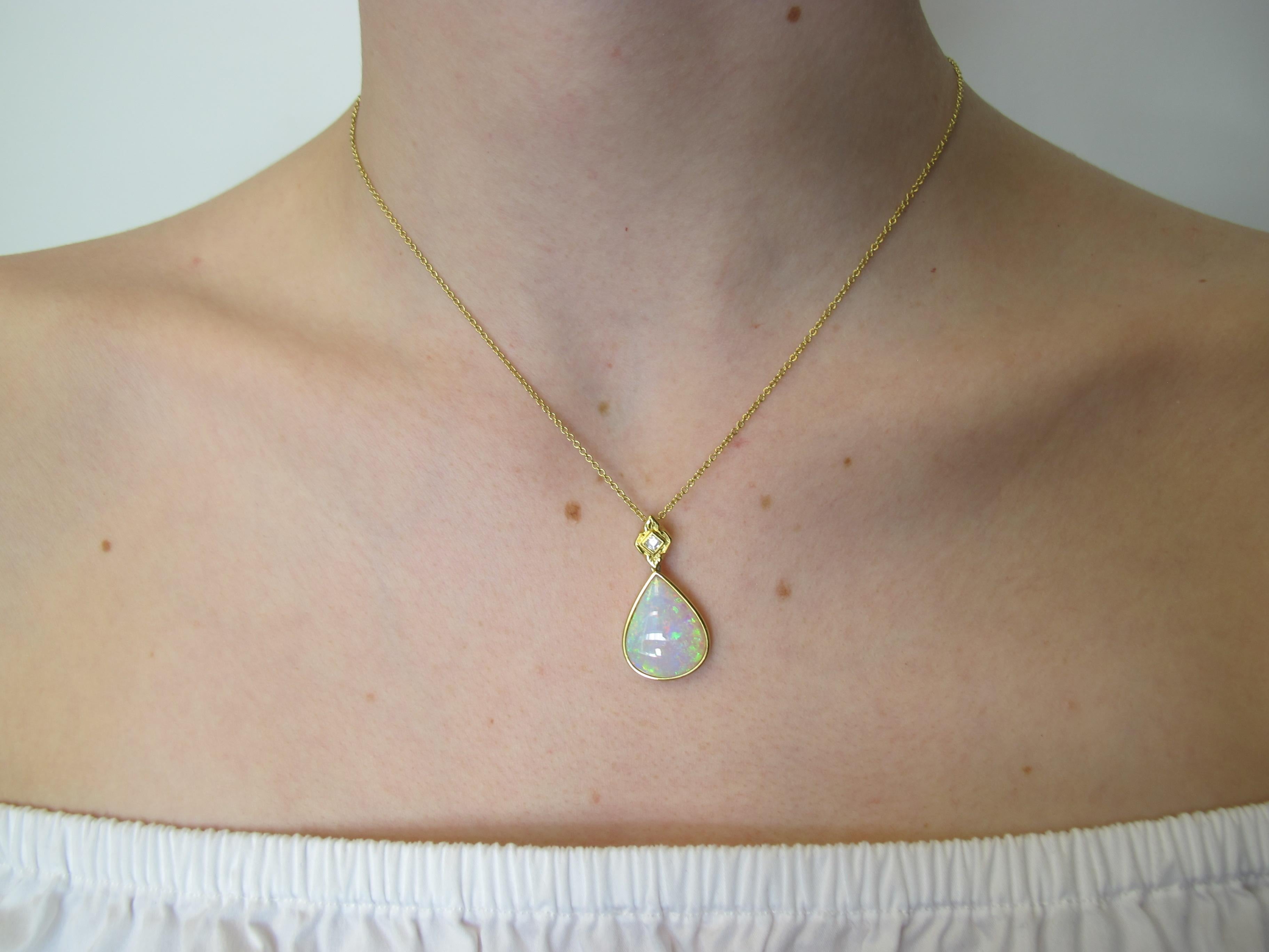 6.83 Carat Pear Shape Opal and Diamond Necklace in 18k Yellow Gold  In New Condition For Sale In Los Angeles, CA