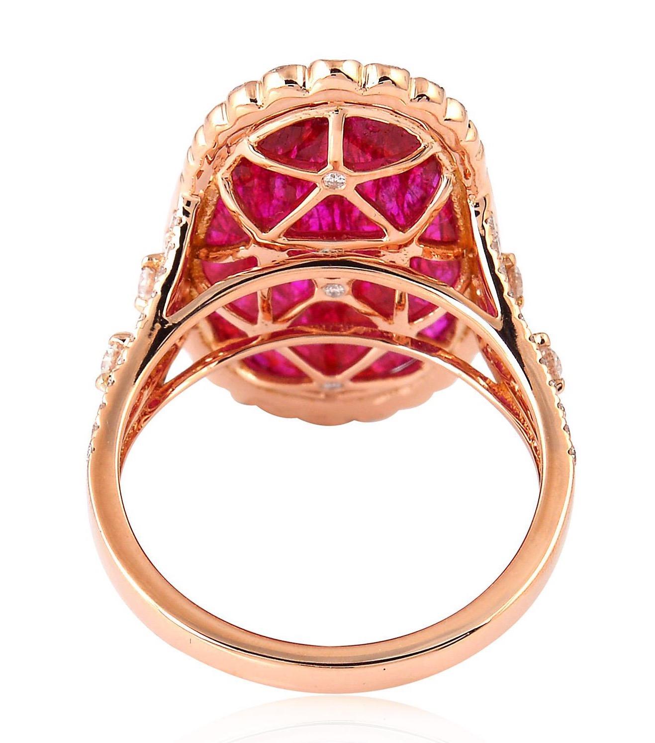 This stunning ring has been meticulously crafted from 18-karat gold. It is set with 6.83 carats ruby and .96 carats glittering diamonds. 

FOLLOW  MEGHNA JEWELS storefront to view the latest collection & exclusive pieces.  Meghna Jewels is proudly