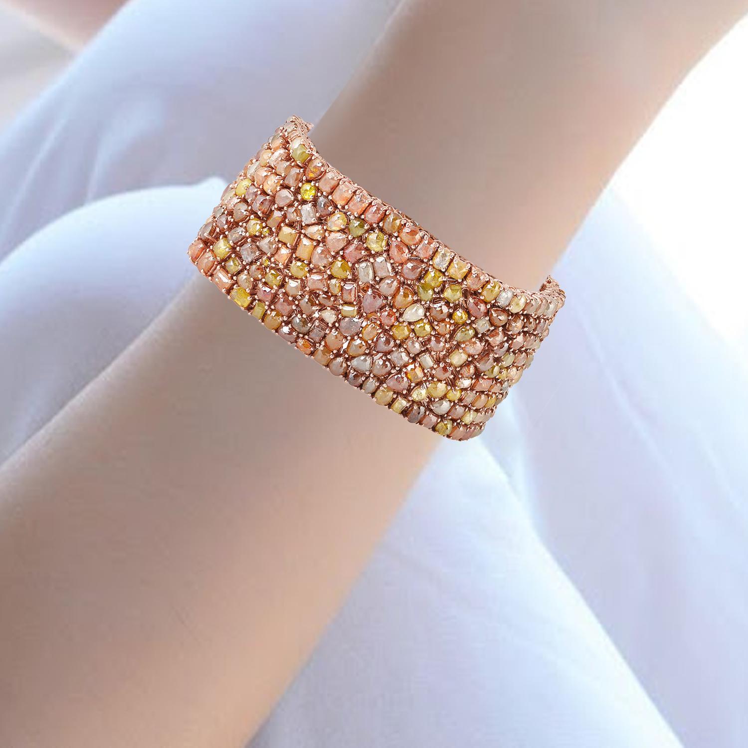 Contemporary 68.35 Carat Fancy Diamond 14 Karat Gold Cuff Bracelet For Sale