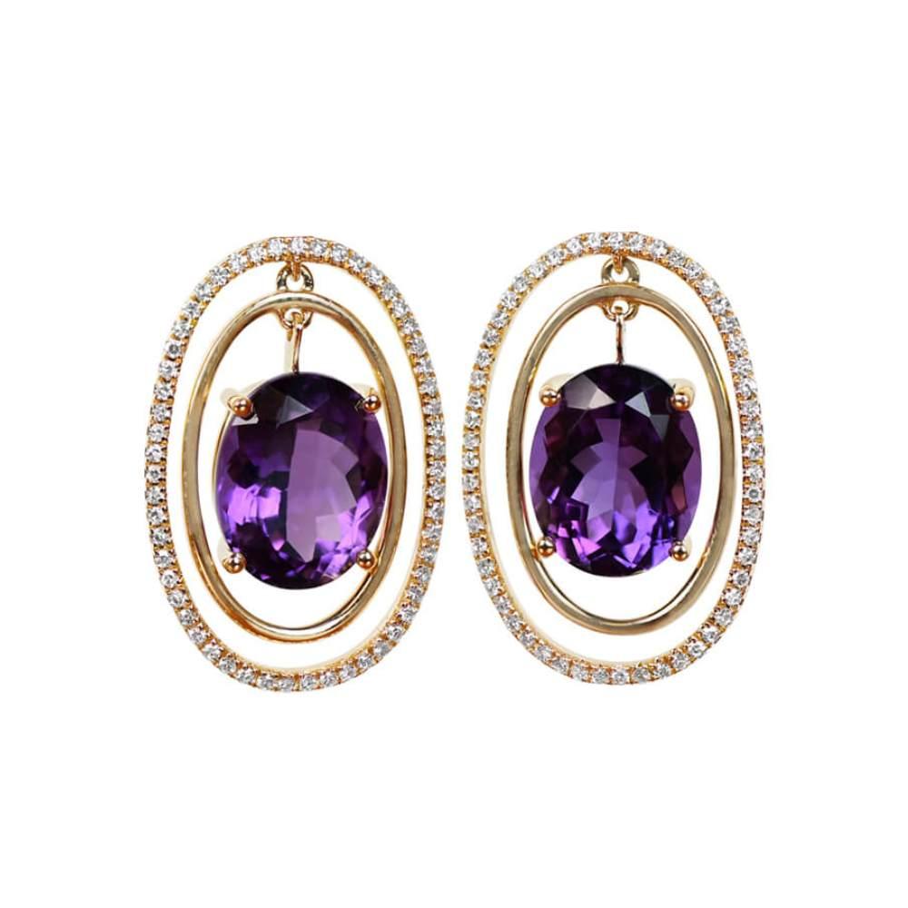6.83 Carat Round Cut Amethysts Earrings, 0.75 Diamond, 18 Karat Yellow Gold In Excellent Condition In New York, NY