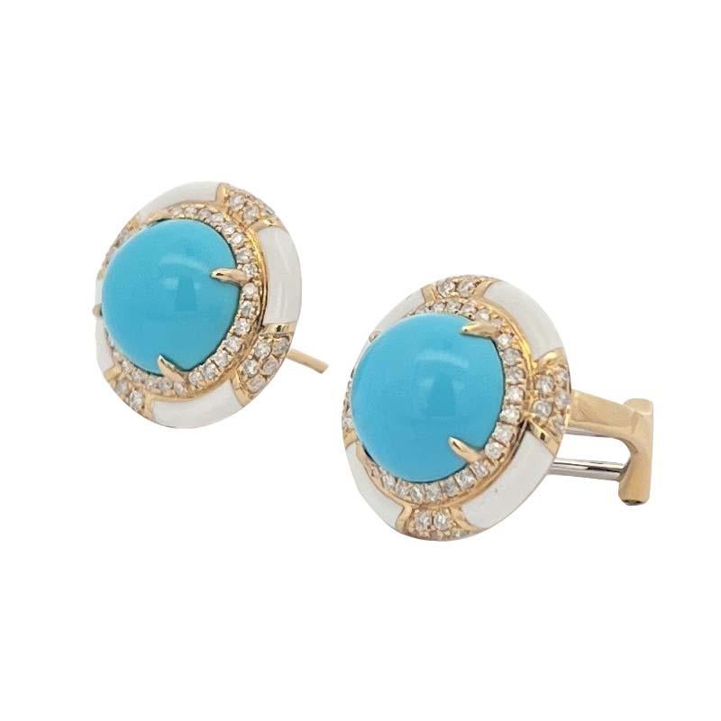 These exquisite earrings are crafted in 18-karat yellow gold, featuring a striking design that highlights the beauty of the gemstones. Each earring is adorned with a stunning 6.83-carat turquoise cabochon, exuding a vivid blue hue that captures