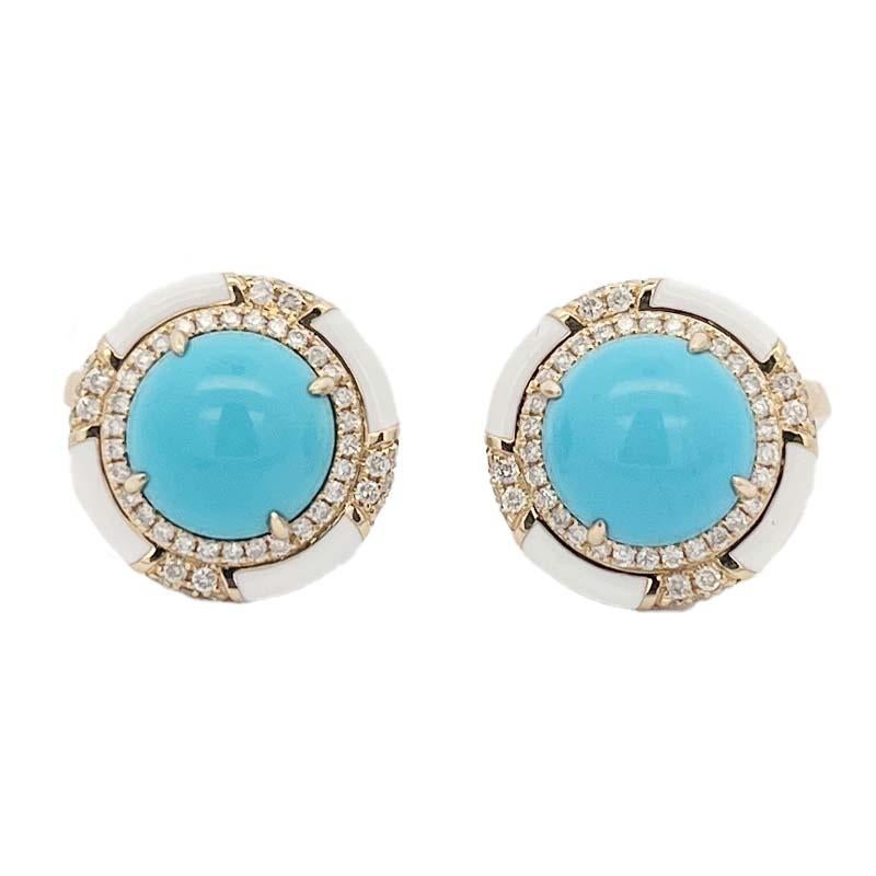 Cabochon 6.83Ct Sleeping Beauty Turquoise Diamond Enamel Earring in 18 Karat Yellow Gold For Sale