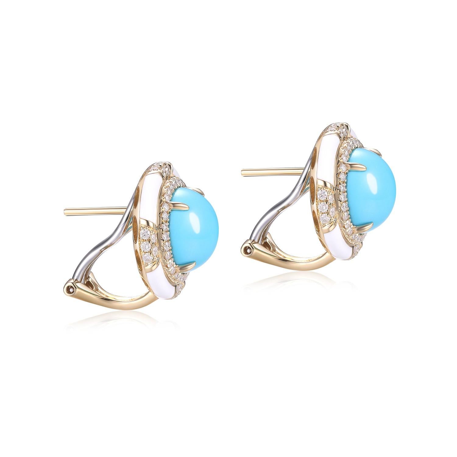 Women's 6.83Ct Sleeping Beauty Turquoise Diamond Enamel Earring in 18 Karat Yellow Gold For Sale