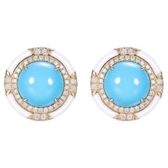 Boucles d'oreilles Sleeping Beauty en or jaune 18 carats avec turquoise, diamants et émail de 6,83 carats