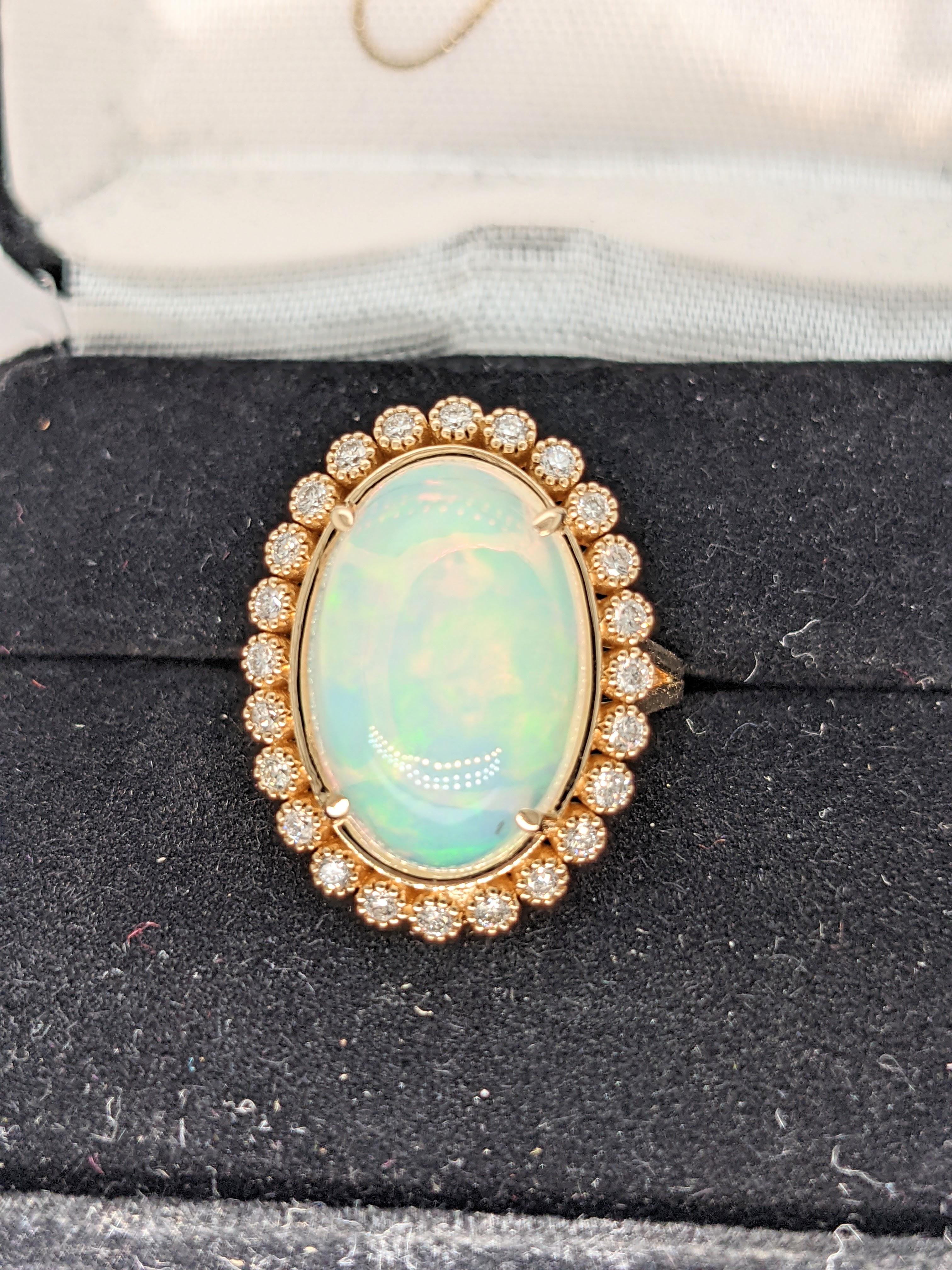 6.83ct Vintage Style Opal w Bezel Set Diamond Halo in 14K Gold Oval 17x11.5mm For Sale 1