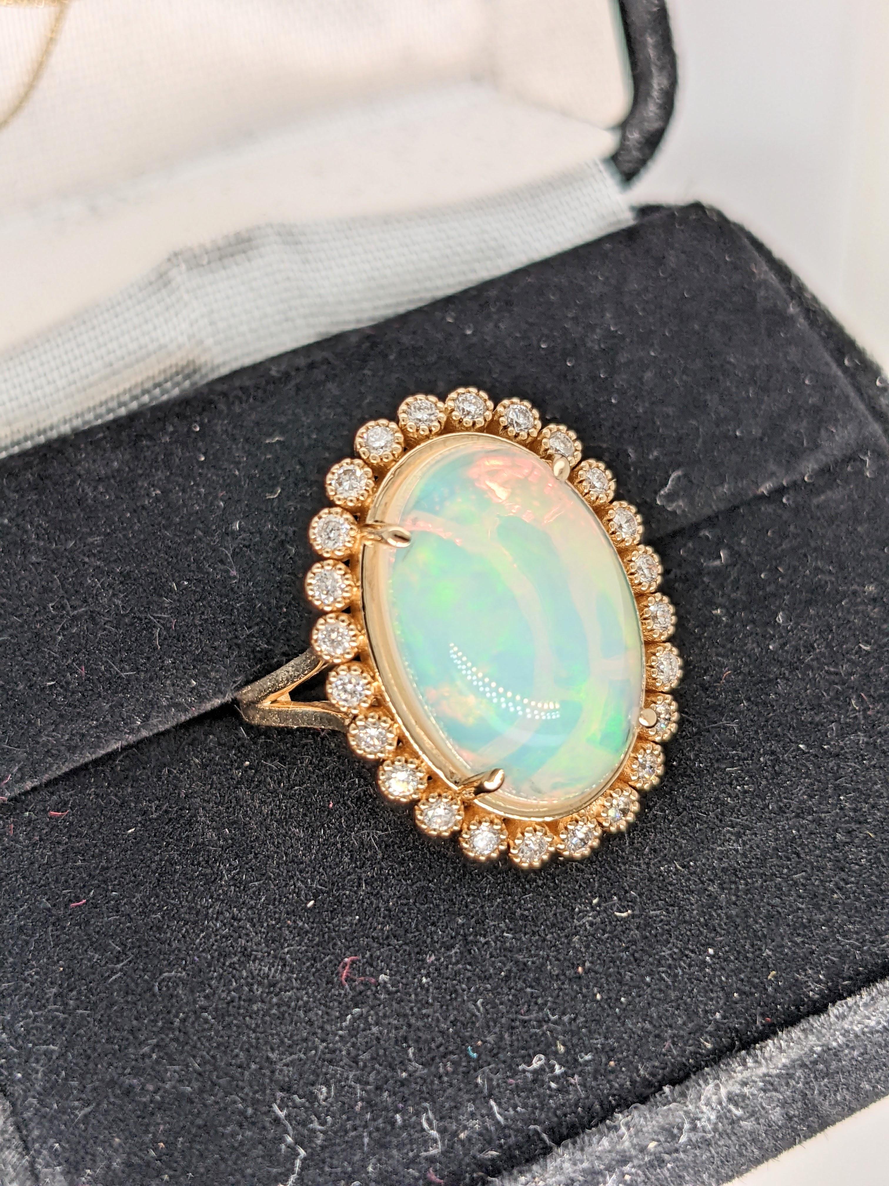 6.83ct Vintage Style Opal w Bezel Set Diamond Halo in 14K Gold Oval 17x11.5mm For Sale 2