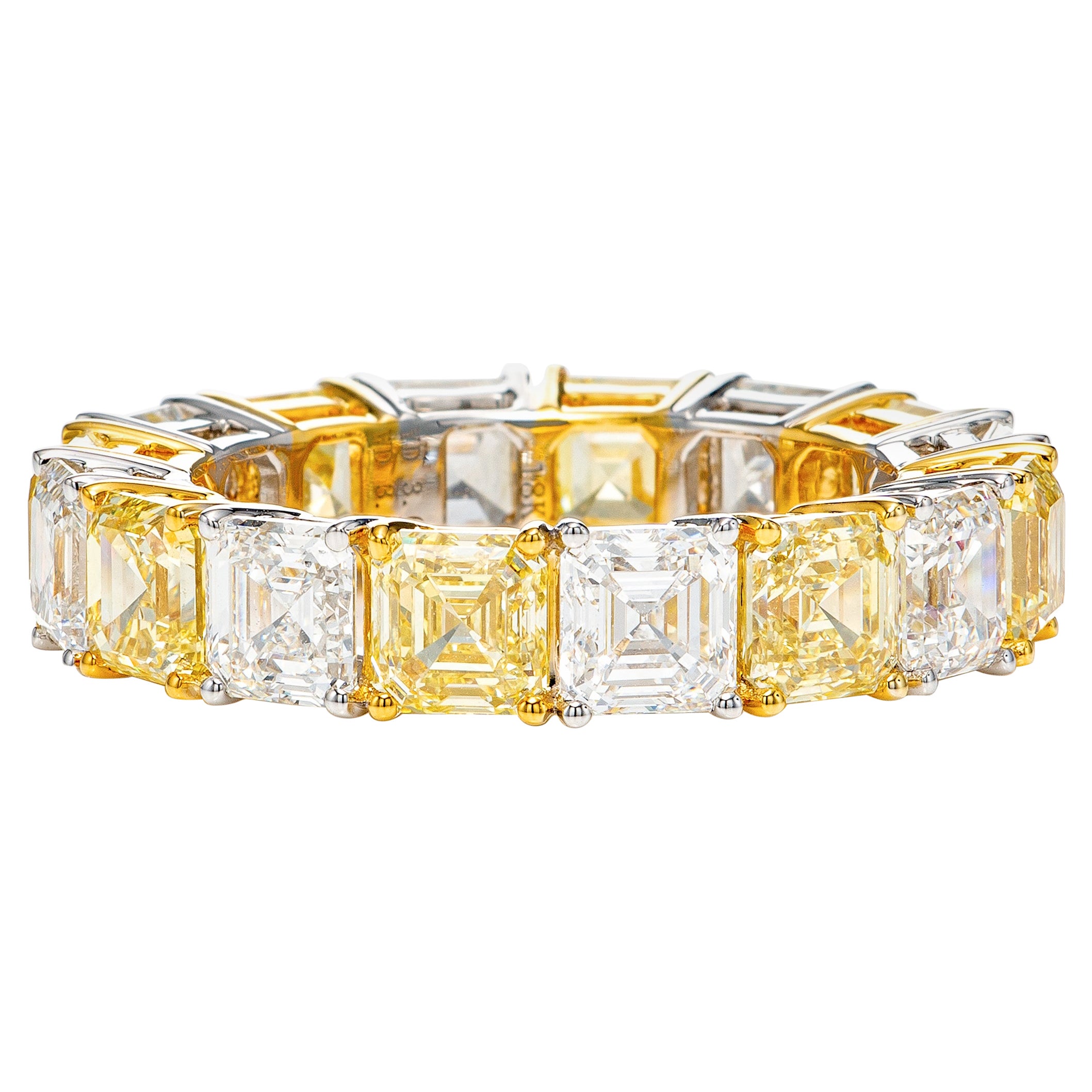 6.84 Carat Yellow and White Diamond Asscher Cut Eternity Band in 18K Gold For Sale