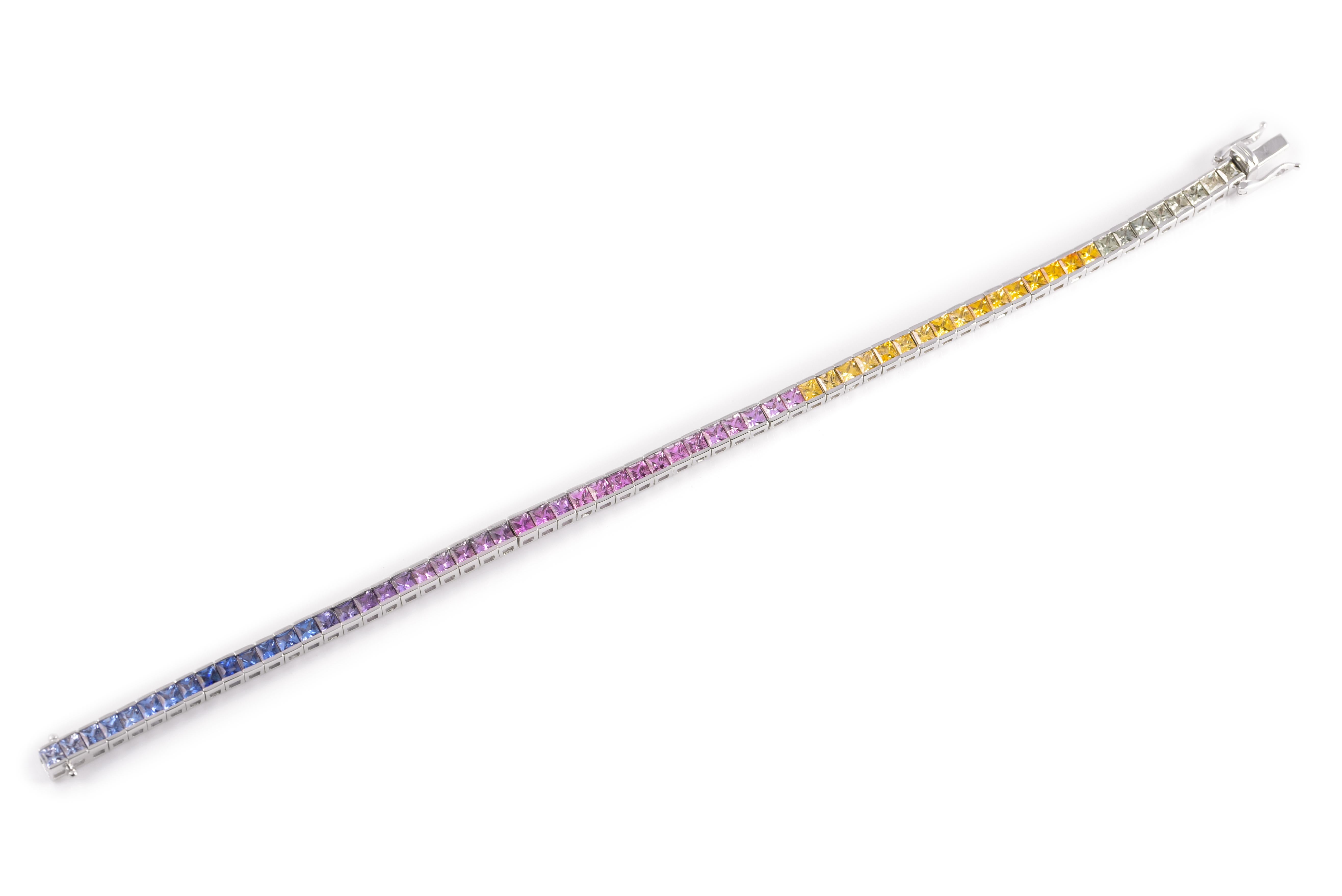 Princess Cut 6.84 Carats Rainbow Multi Color Sapphires set in 18K White Gold Bracelet