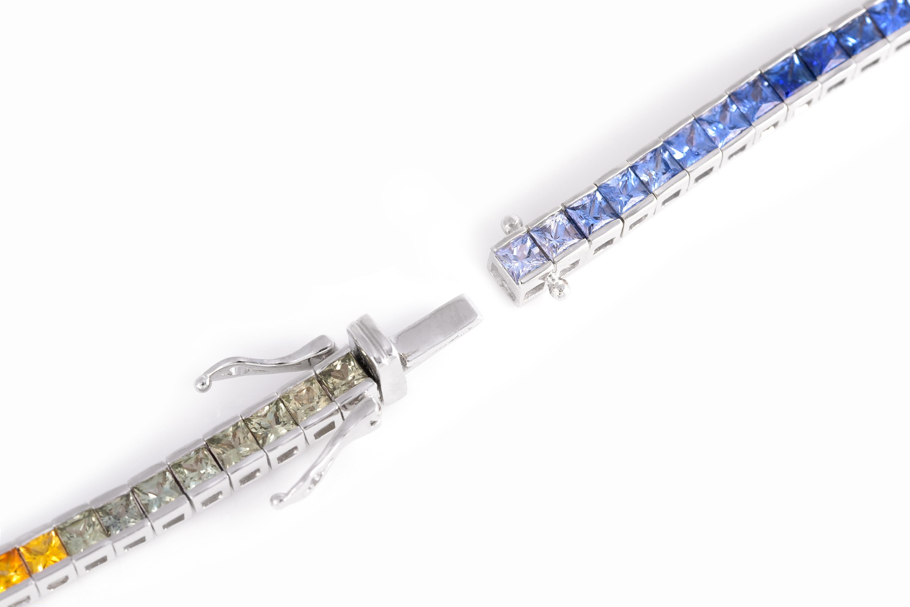 6.84 Carats Rainbow Multi Color Sapphires set in 18K White Gold Bracelet In New Condition In Los Angeles, CA