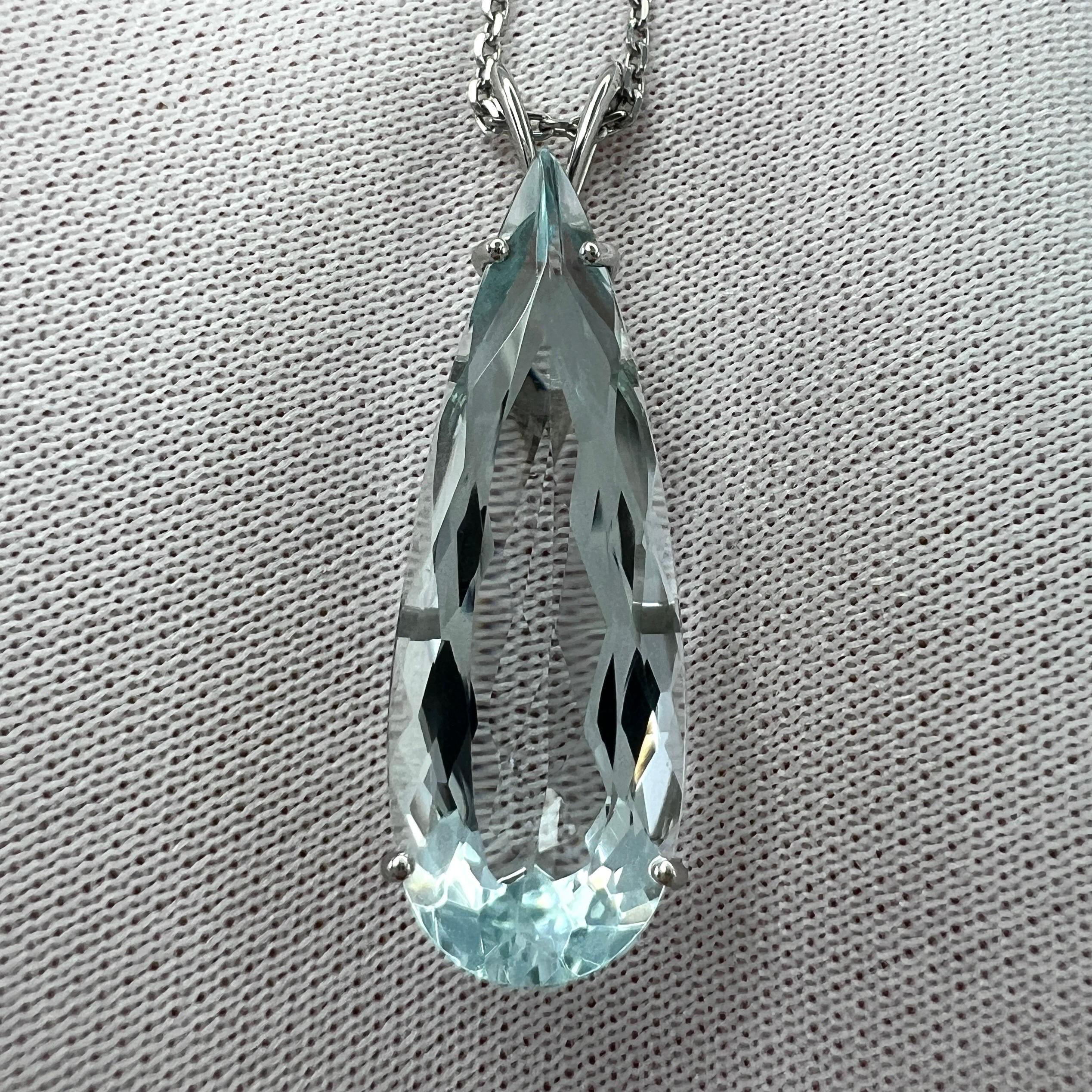 6.84ct Light Blue Aquamarine Slim Pear Teardrop Cut Platinum Pendant Necklace For Sale 2
