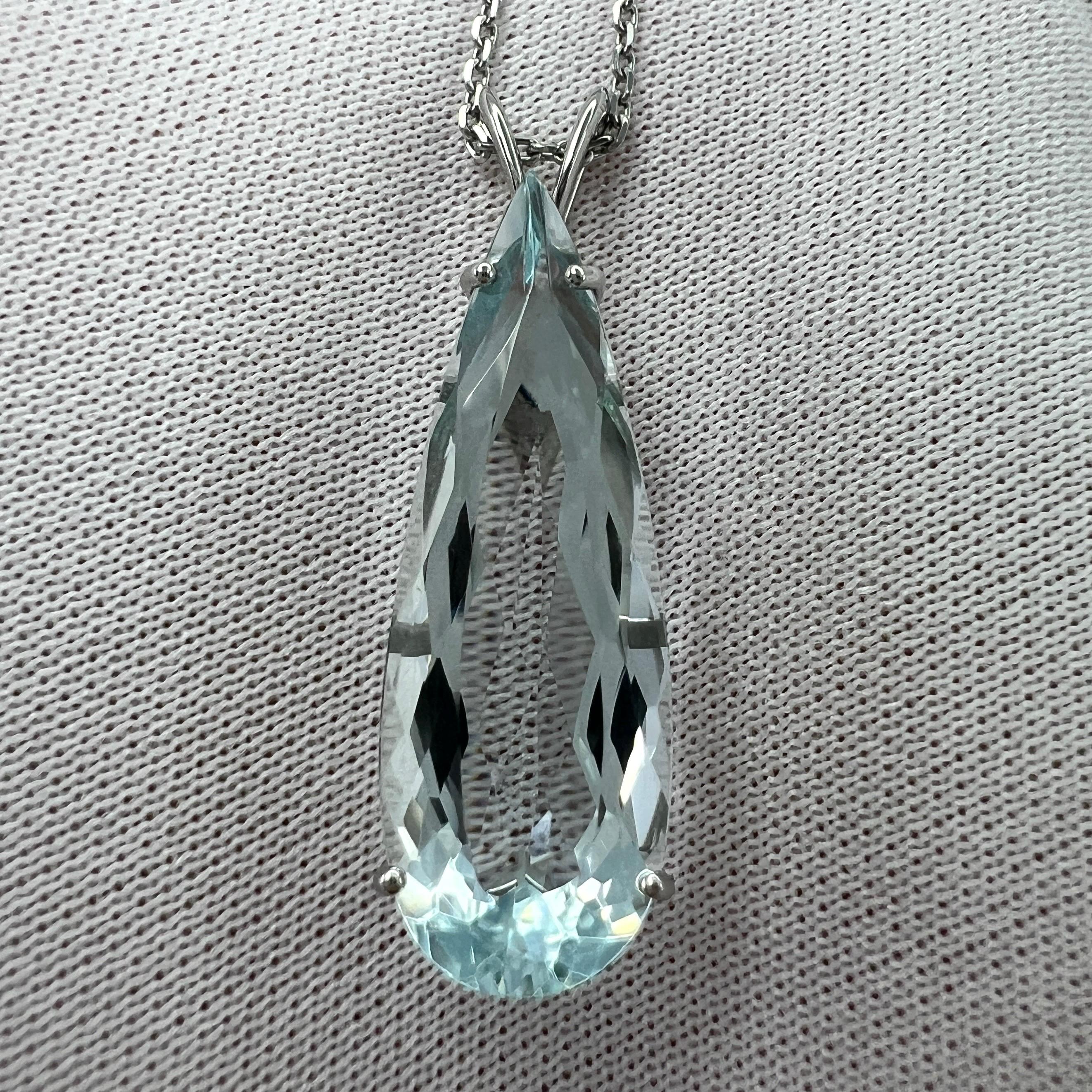 6.84ct Light Blue Aquamarine Slim Pear Teardrop Cut Platinum Pendant Necklace For Sale 3