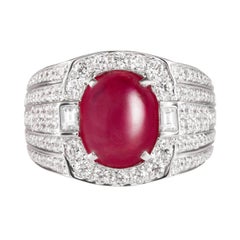 6.85 Carat Cabochon Ruby Diamond 18 Karat White Gold Cocktail Ring
