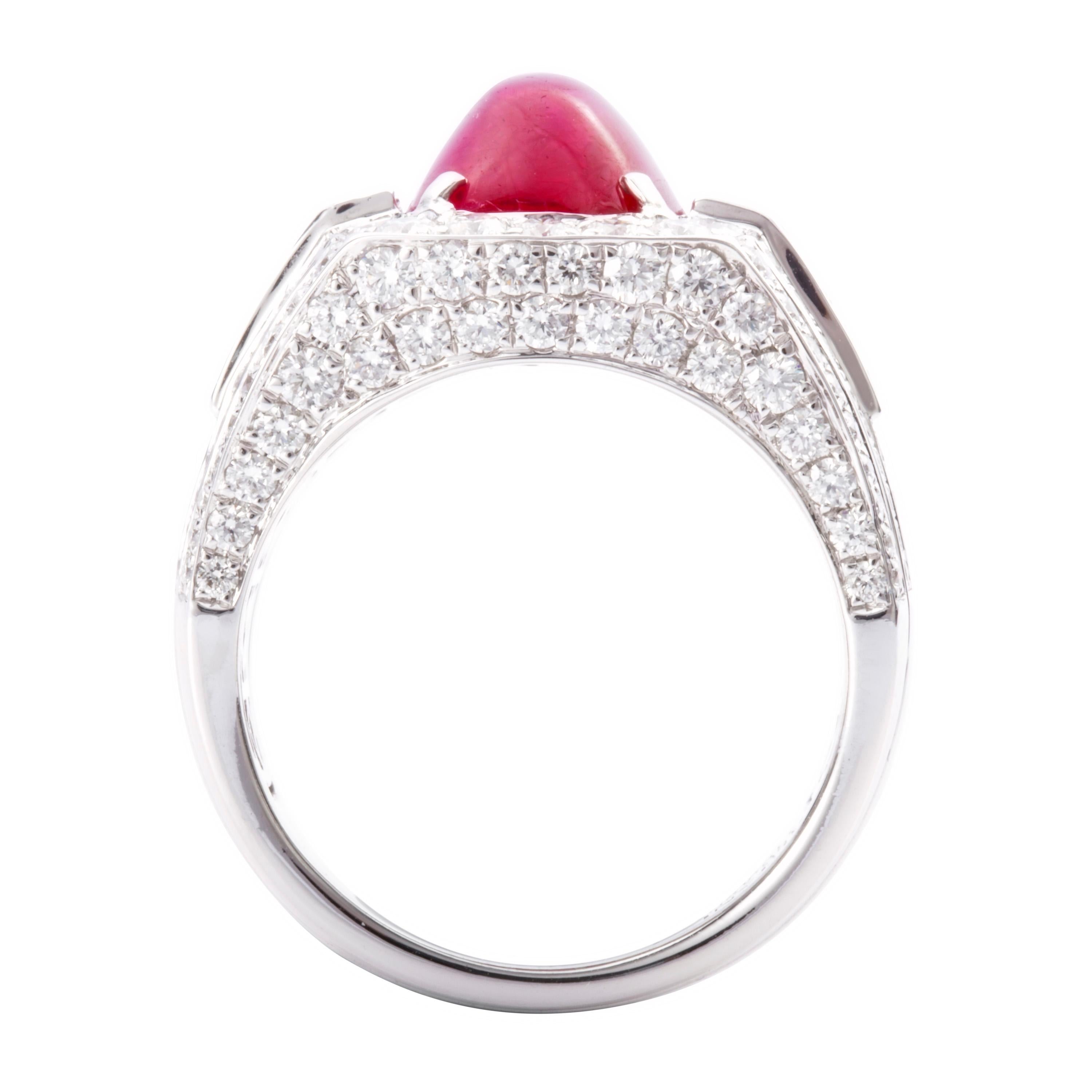 Oval Cut 6.85 Carat Cabochon Ruby Diamond 18 Karat White Gold Cocktail Ring For Sale