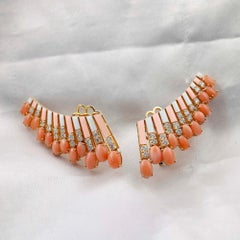 6.85 Carat Coral Gemstone 1.28 Carat SI/H Diamond Earrings 18 Karat Yellow Gold