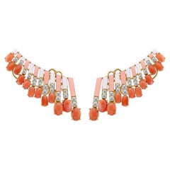 6.85 Carat Coral Gemstone 1.28 Carat SI/H Diamond Earrings 18 Karat Yellow Gold