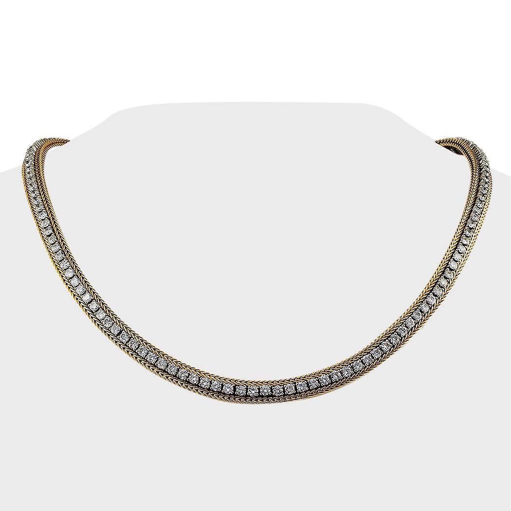 6.85 carats diamond and gold line necklace circa 1980. Continuously set with one hundred thirty-seven round brilliant-cut diamonds totaling approximately 6.85 carats, approximately H color and VS1 clarity between courses of woven fox-tail-link