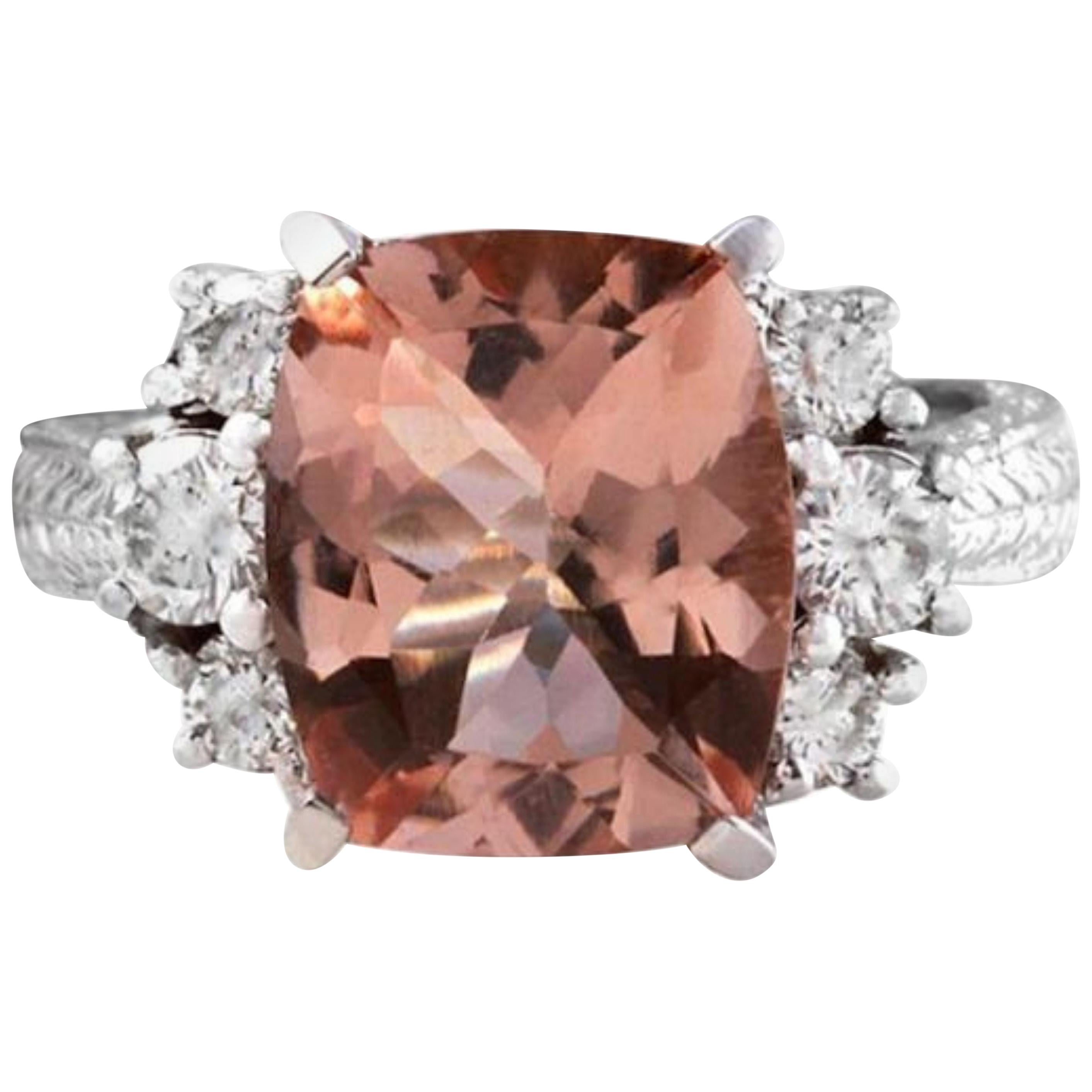6.65 Carat Exquisite Natural Morganite and Diamond 14 Karat Solid Gold Ring For Sale