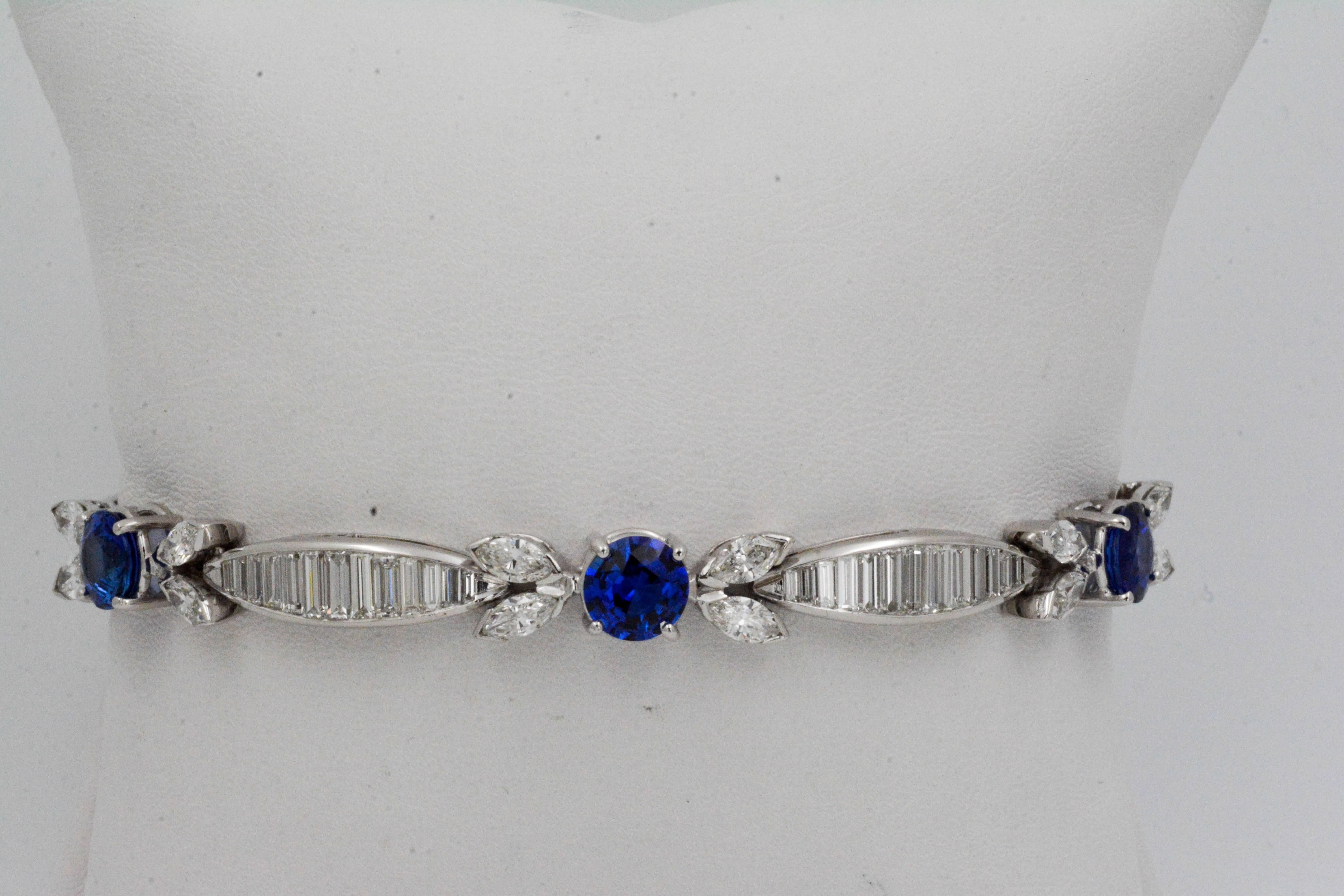 6.85 Carat Sapphire 10.50 Carat Diamond Platinum Tennis Bracelet 2