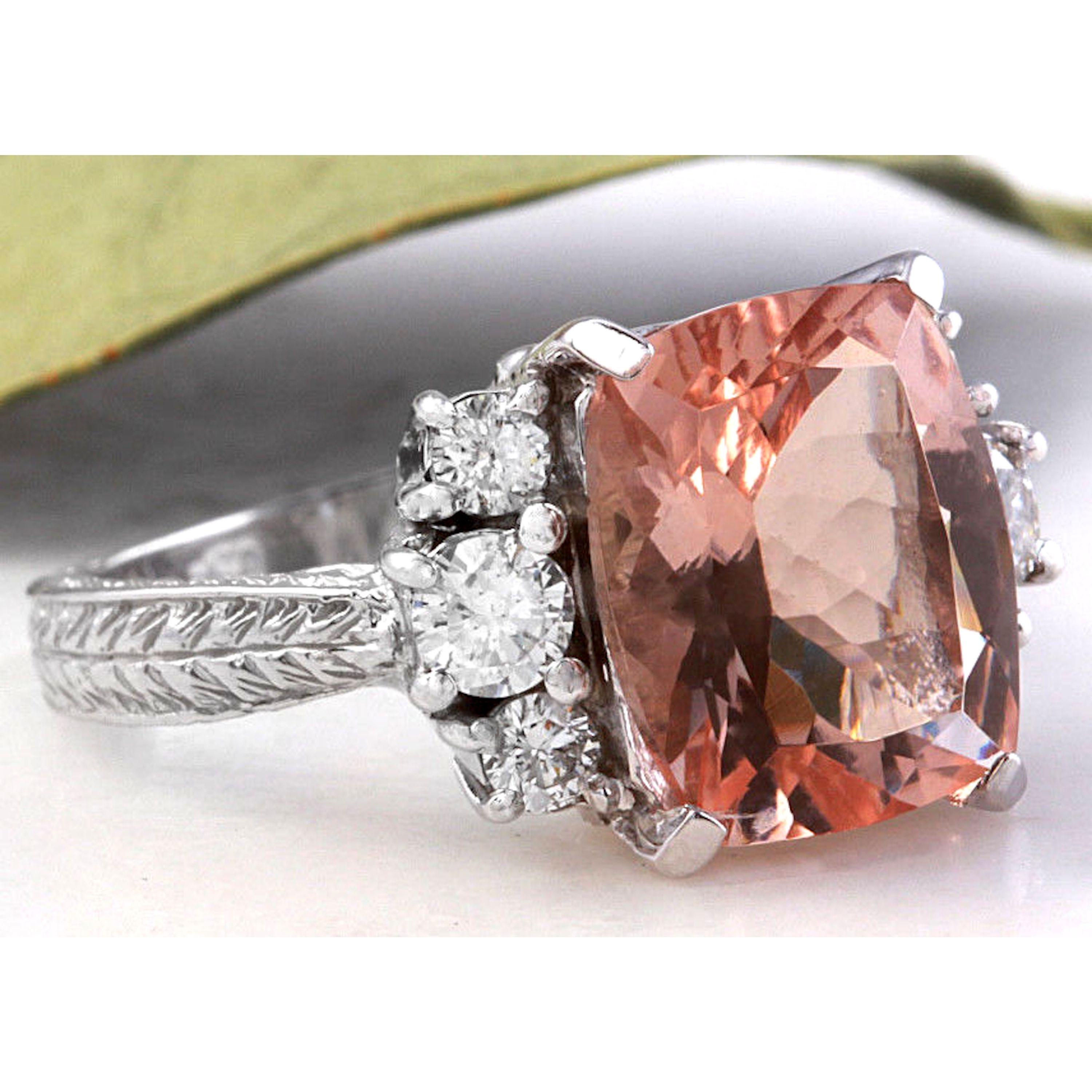 6.65 Carats Exquisite Natural Morganite and Diamond 14K Solid White Gold Ring

Total Natural Cushion Morganite Weights: Approx. 6.00 Carats

Morganite Measures: Approx. 11.00 x 9.00mm

Natural Round Diamonds Weight: Approx. 0.65 Carats (color G-H /