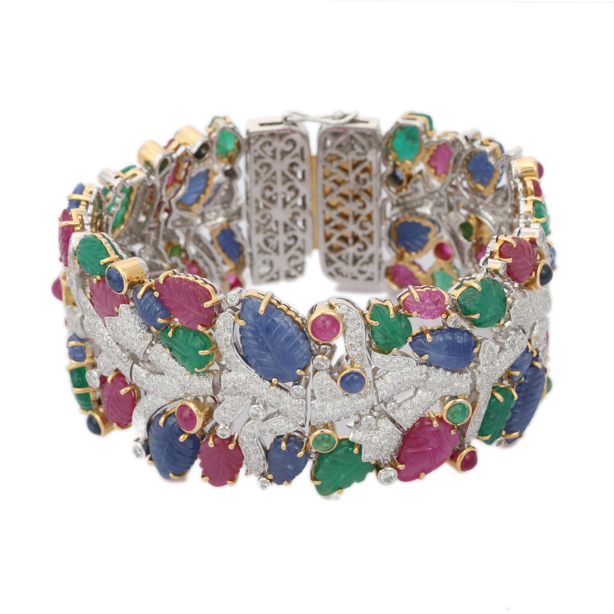 Art Nouveau Statement 68.50 Carats Emerald Ruby Sapphire Bracelet in 18kt Solid White Gold For Sale