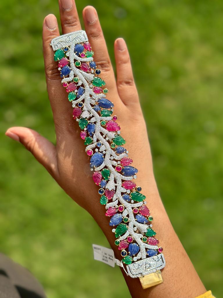 Statement 68.50 Carats Emerald Ruby Sapphire Bracelet in 18kt Solid White Gold In New Condition For Sale In Houston, TX