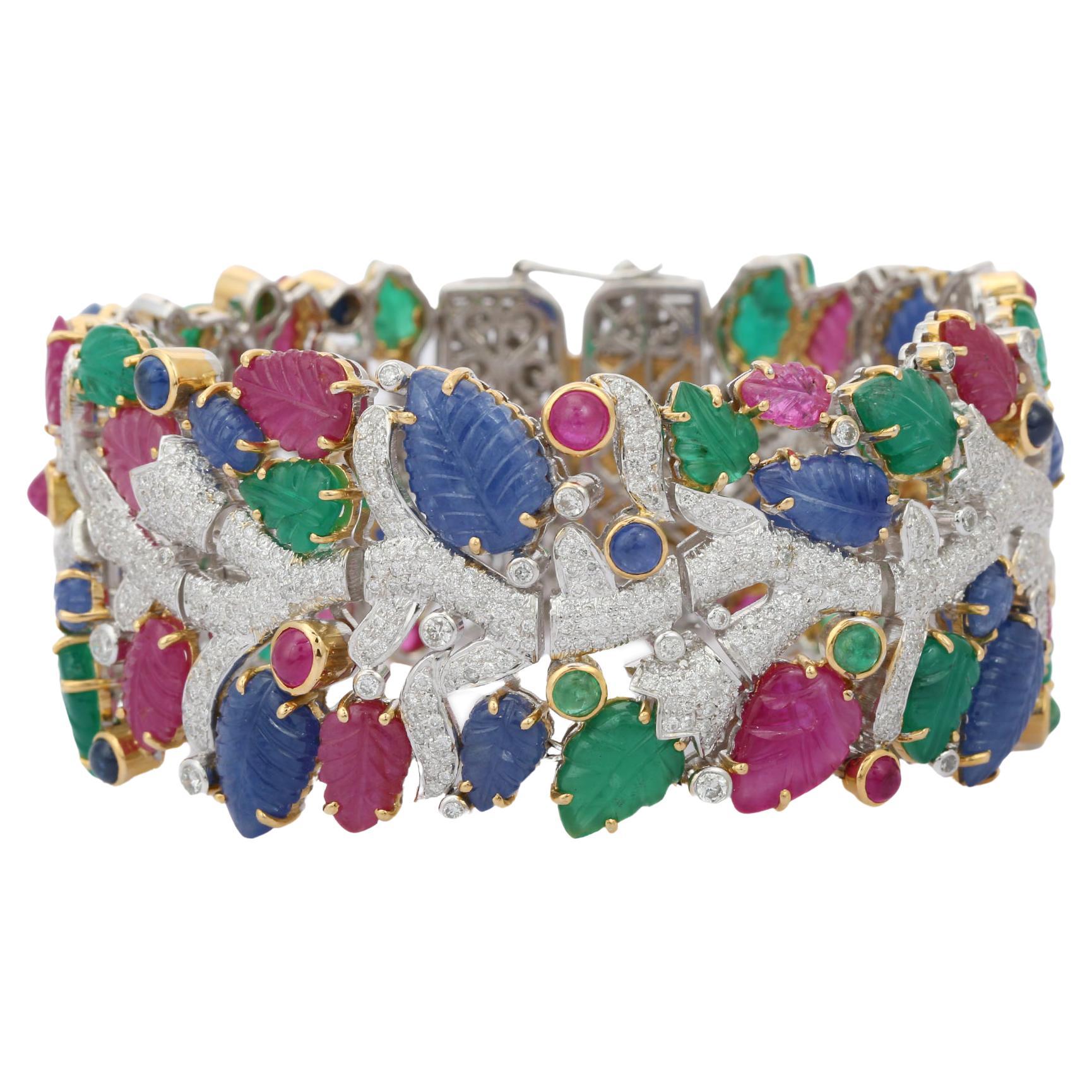 Statement 68.50 Carats Emerald Ruby Sapphire Bracelet in 18kt Solid White Gold