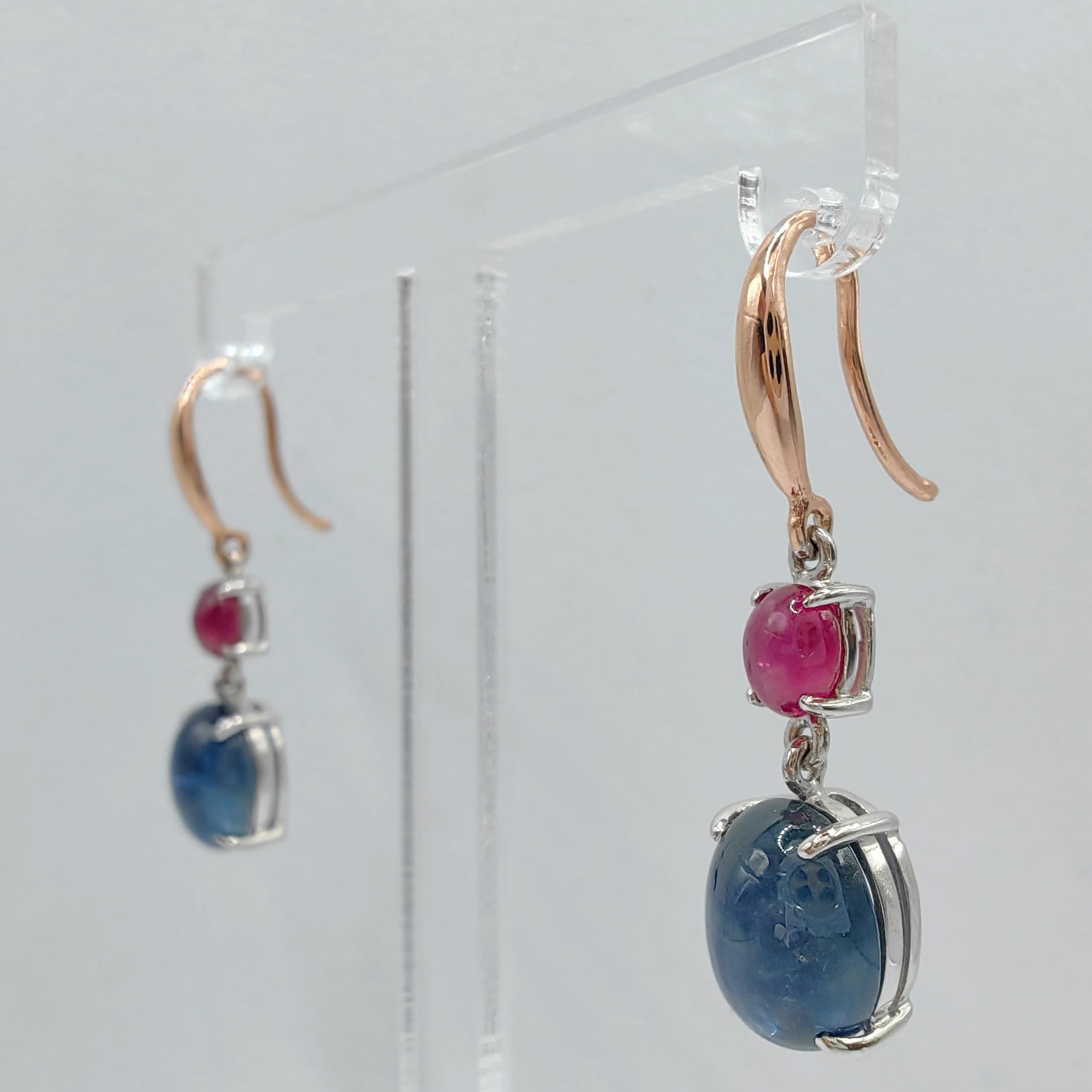Contemporary 6.85ct Ruby Sapphire Cabochon Dangling Earrings in 18K Rose White Two-tone Gold For Sale
