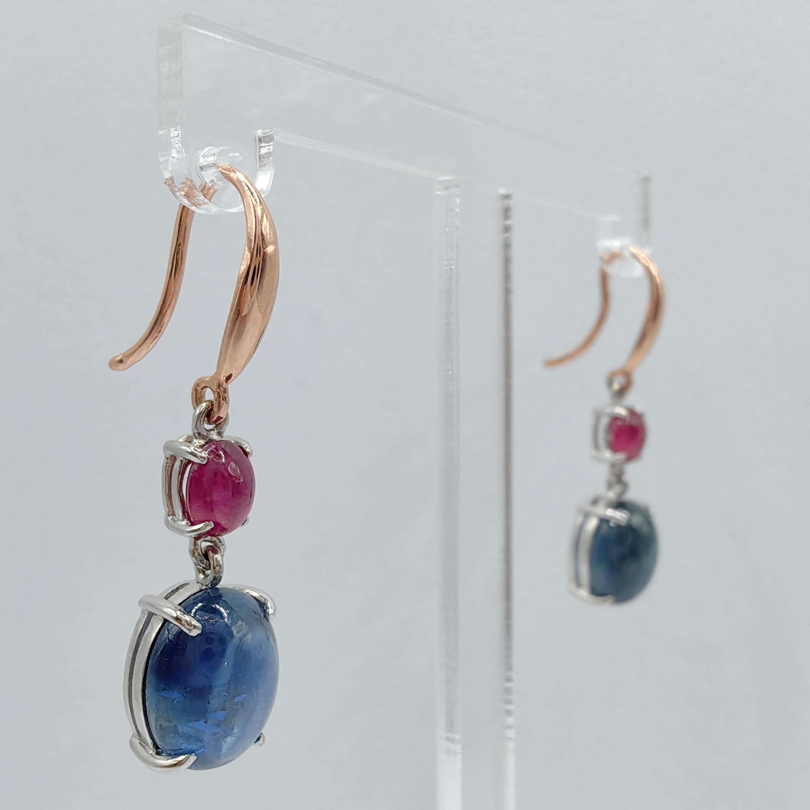 6.85ct Ruby Sapphire Cabochon Dangling Earrings in 18K Rose White Two-tone Gold In New Condition For Sale In Wan Chai District, HK