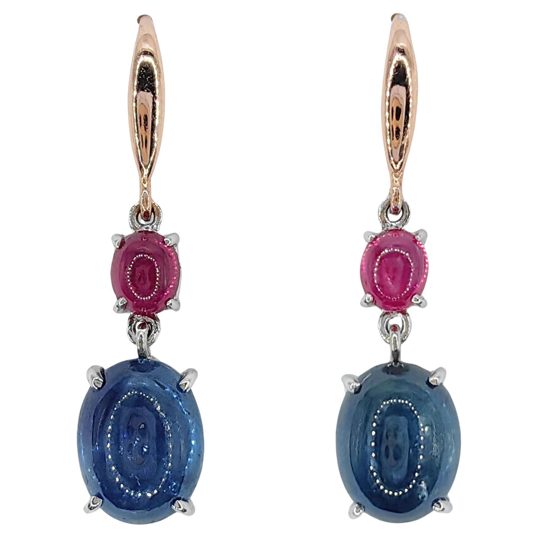 6.85ct Ruby Sapphire Cabochon Dangling Earrings in 18K Rose White Two-tone Gold For Sale