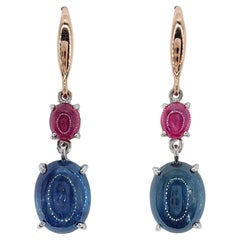 6.85ct Ruby Sapphire Cabochon Dangling Earrings in 18K Rose White Two-tone Gold