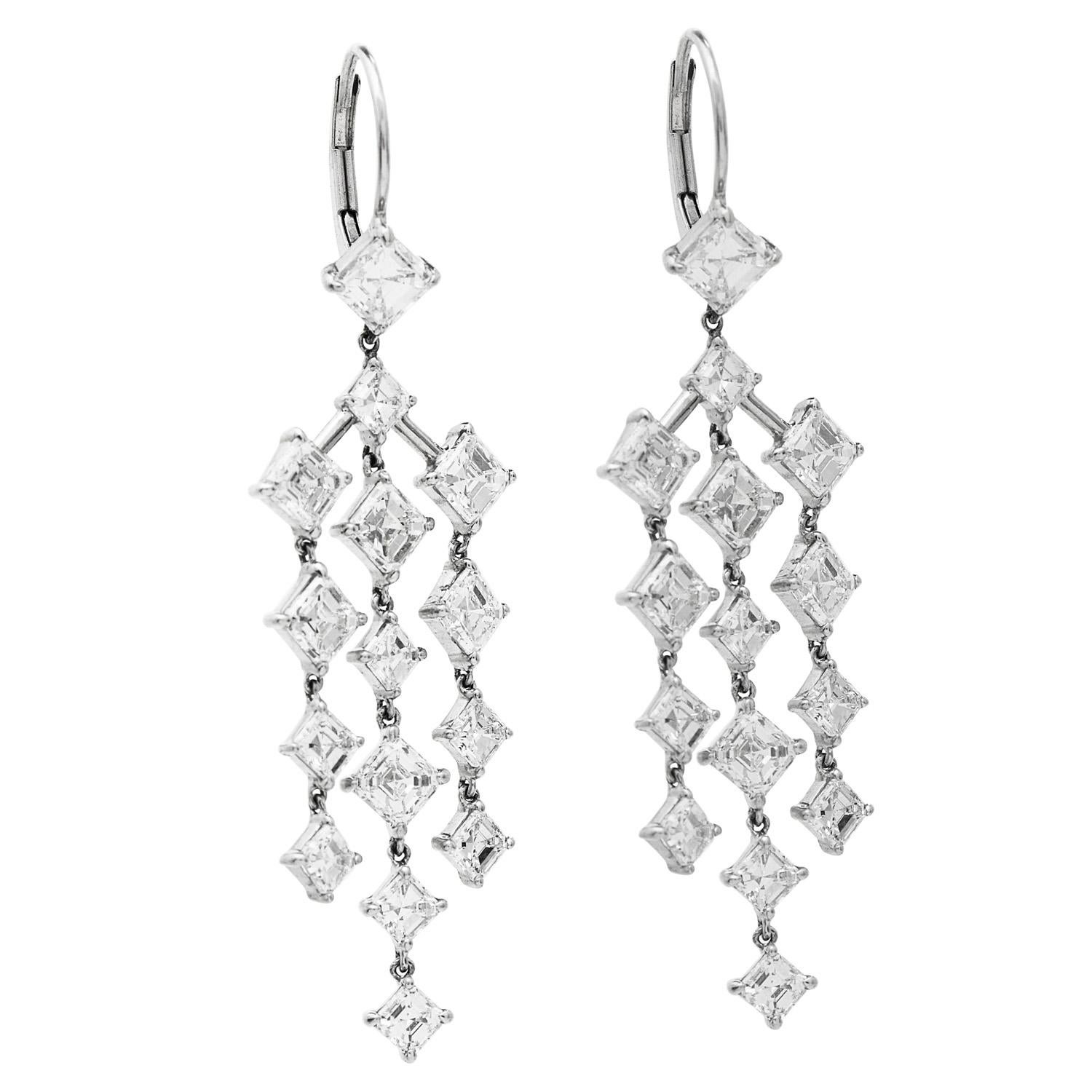 Asscher Cut 6.85cts Asscher-Cut Diamond Gold Dangle Chandelier Drop Earrings