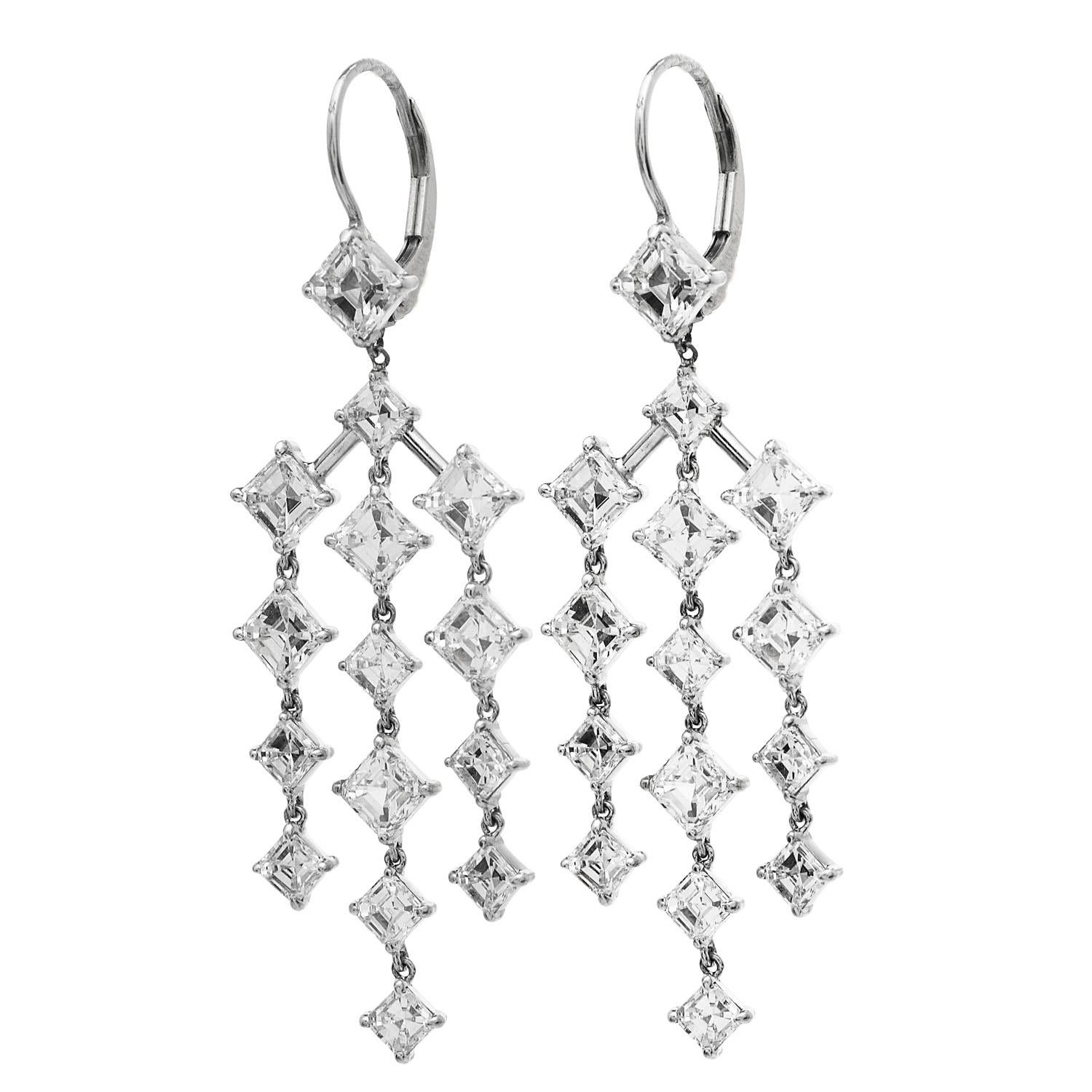 6.85cts Asscher-Cut Diamond Gold Dangle Chandelier Drop Earrings In Excellent Condition In Miami, FL
