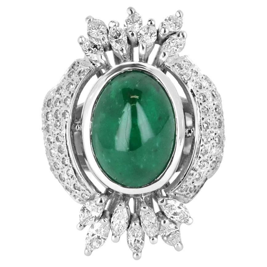 6.85tcw 18K Colombian Emerald Cabochon & Diamond Cluster Cocktail Gold Ring For Sale