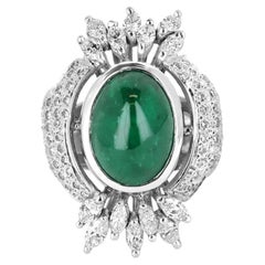 6.85tcw 18K Colombian Emerald Cabochon & Diamond Cluster Cocktail Gold Ring
